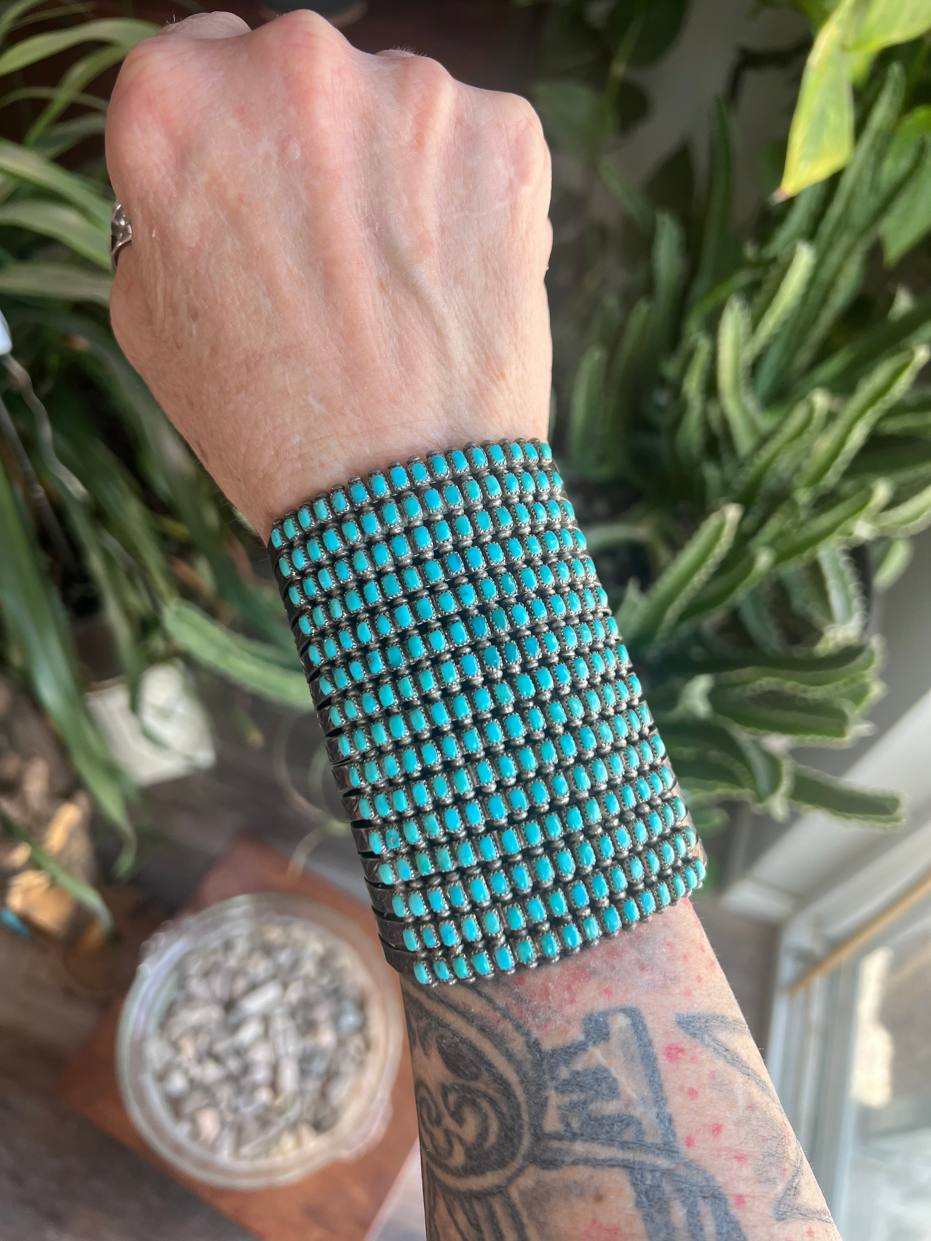 Handcrafted Stunning Old Pawn 15 Row Sterling Silver & Turquoise Gauntlet Style Cuff Bracelet by Clark Couyancy /