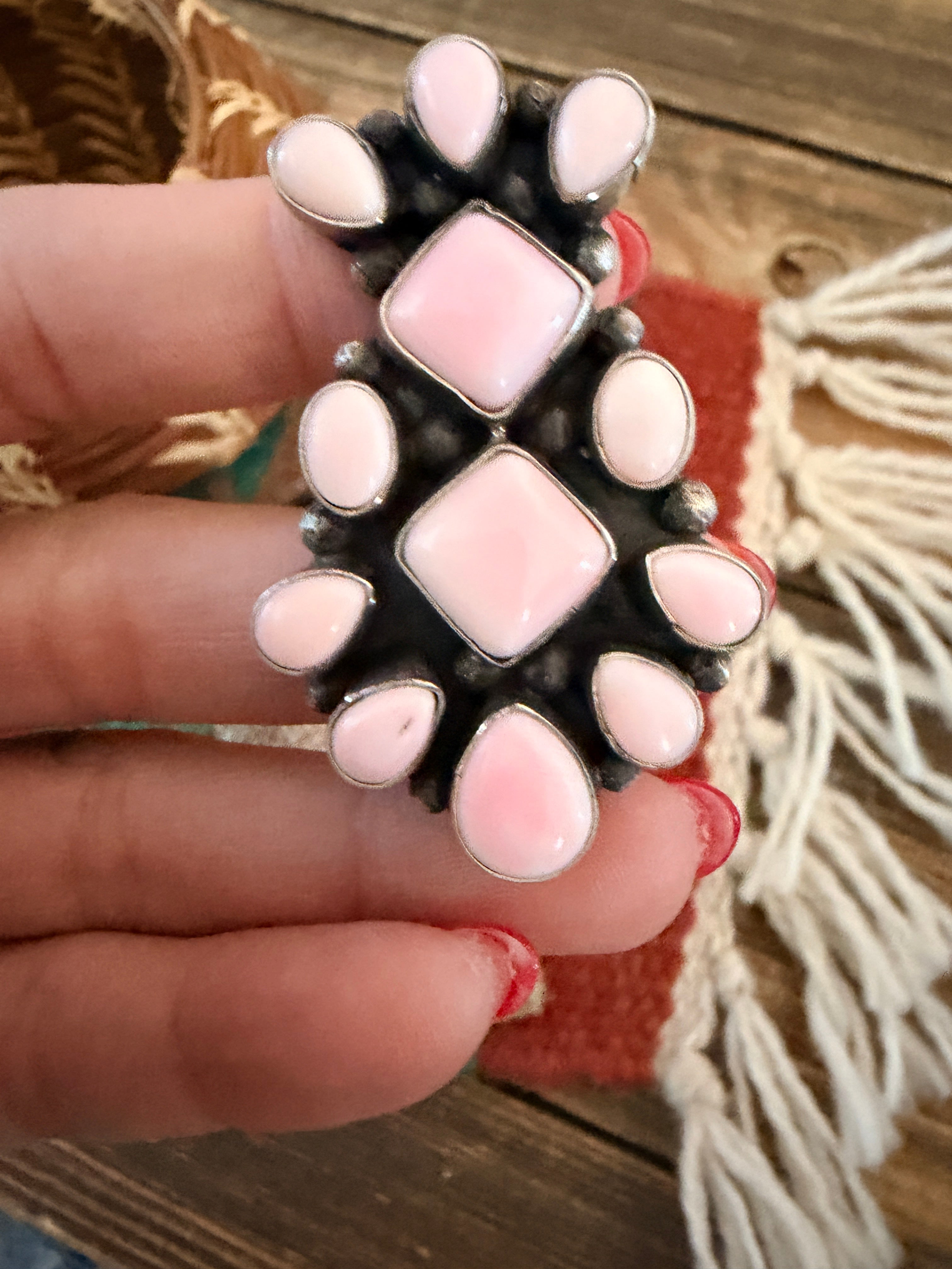 Handcrafted Queen Pink Conch & Sterling Silver Cluster Ring by Travis Jim