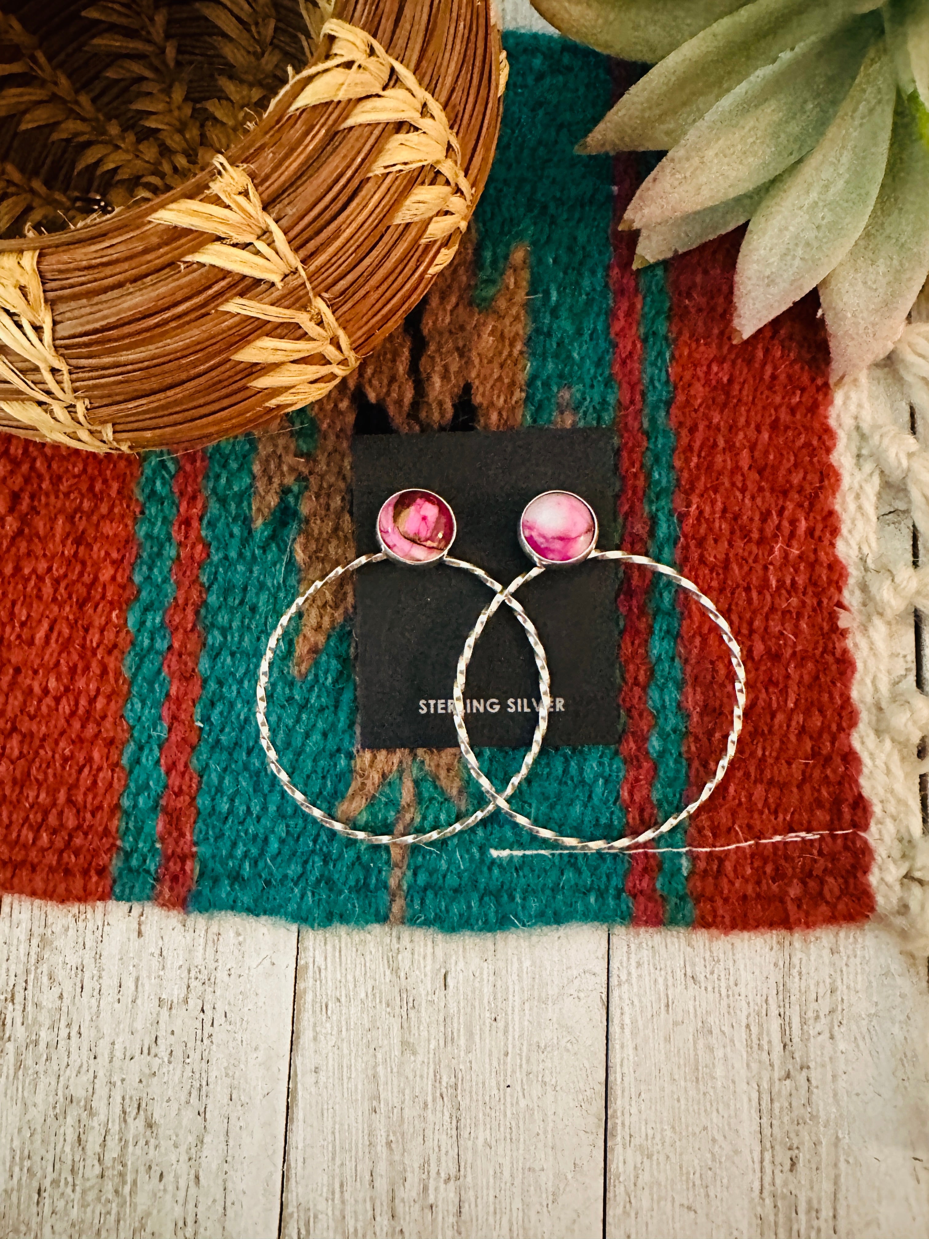 Navajo Pink Mojave & Sterling Silver Dangle Hoop Earrings