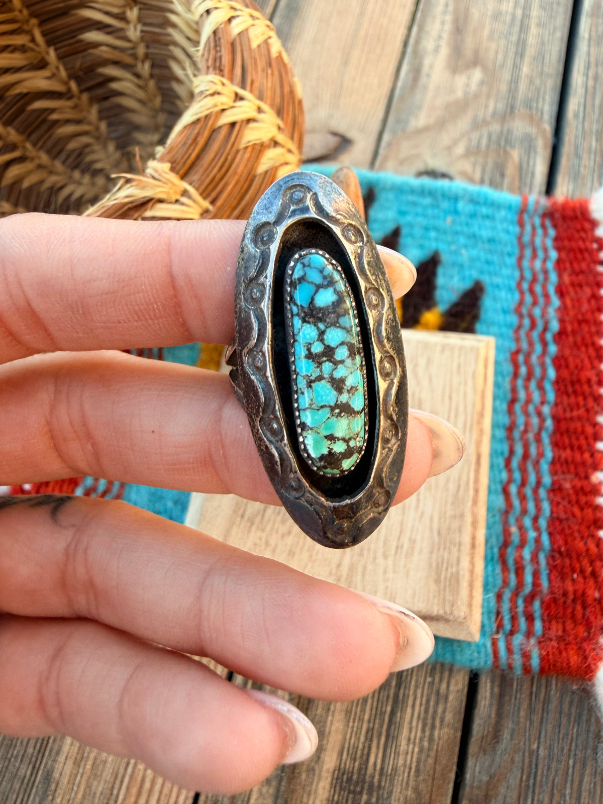 Old Pawn Handcrafted Turquoise & Sterling Silver Ring Size 6