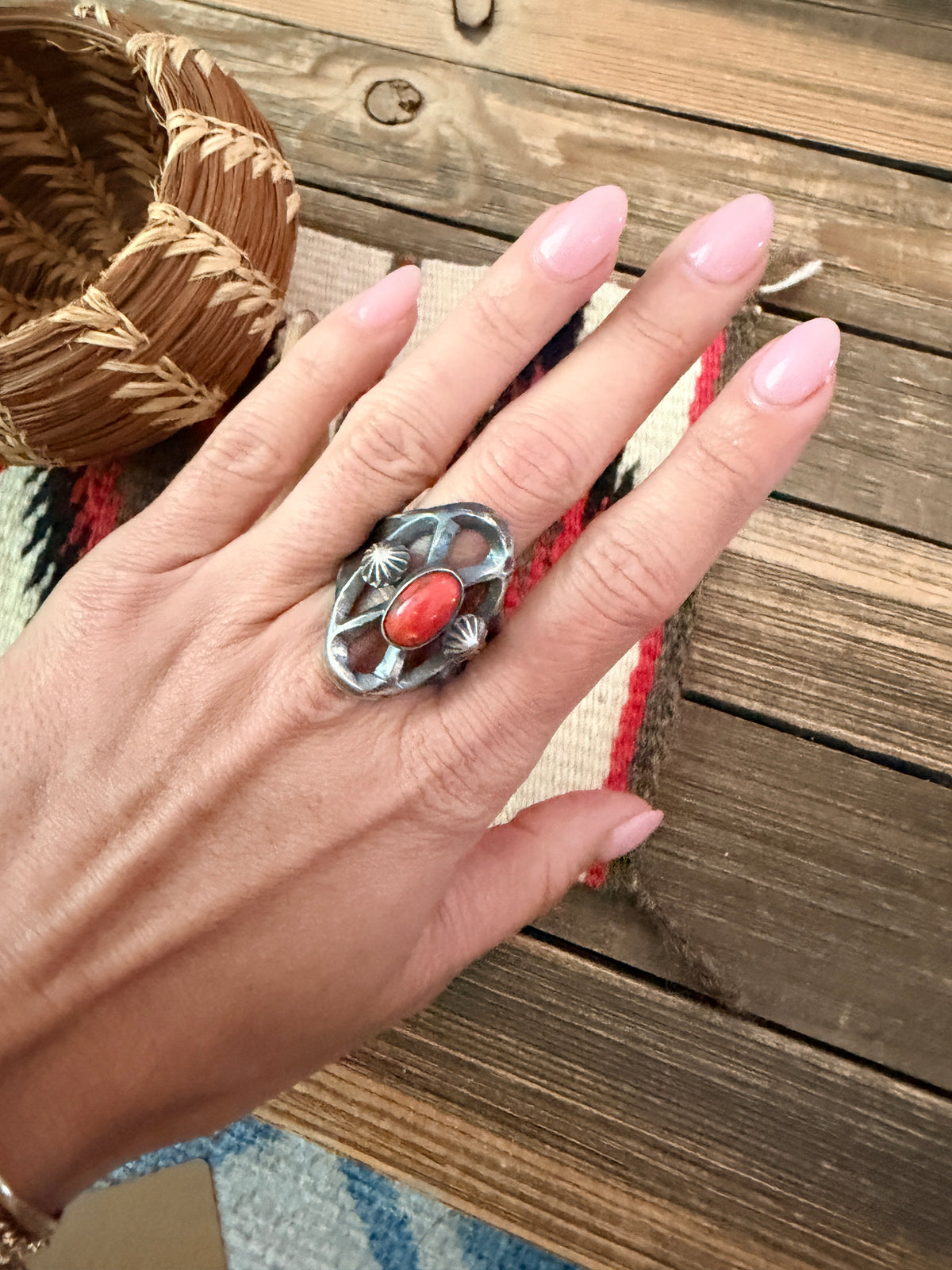 Handcrafted Coral and Sterling Silver Ring size 10 by Chimney Butte