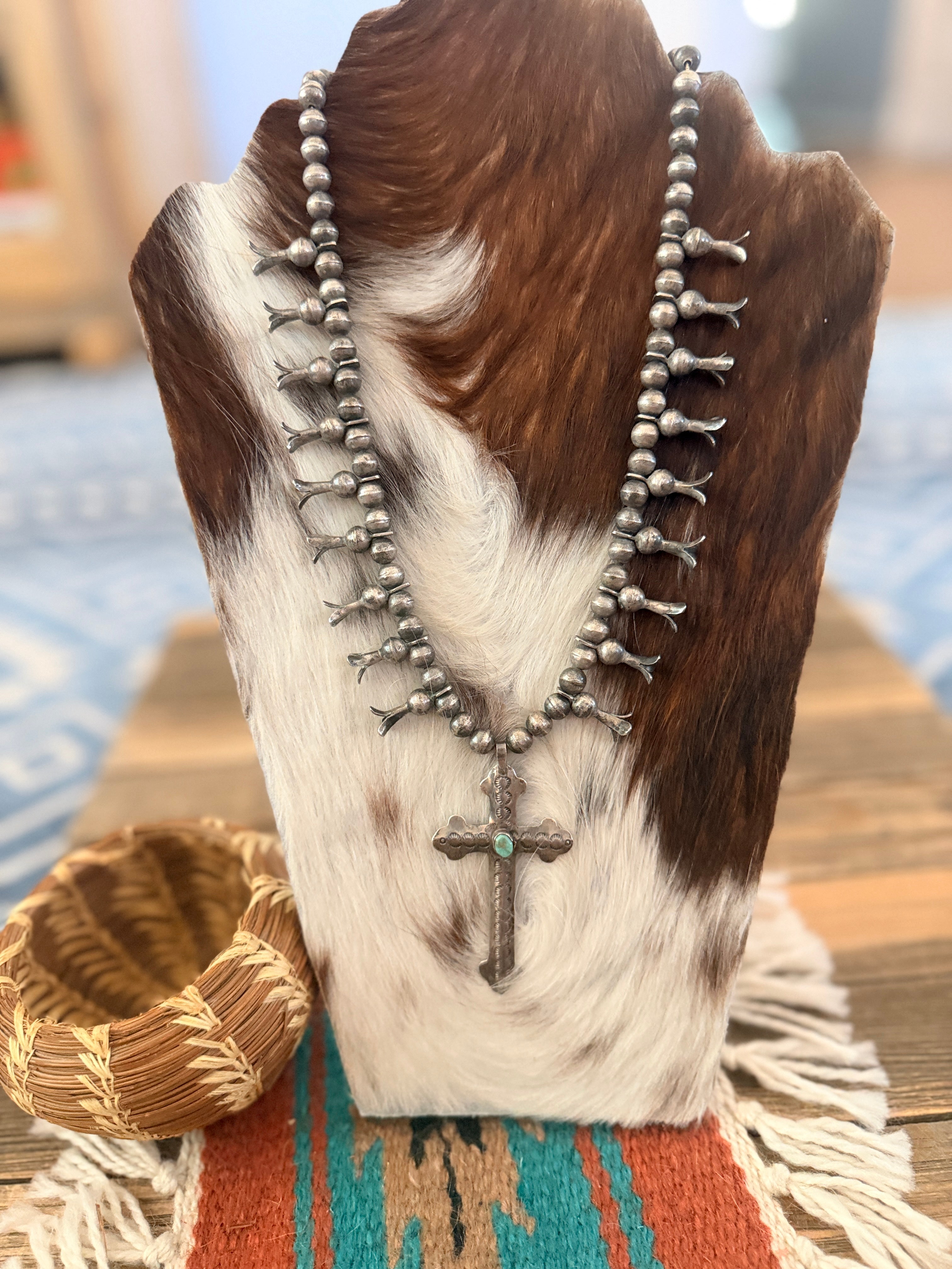 Old Pawn Handcrafted Turquoise & Sterling Silver Cross Squash Blossom Necklace
