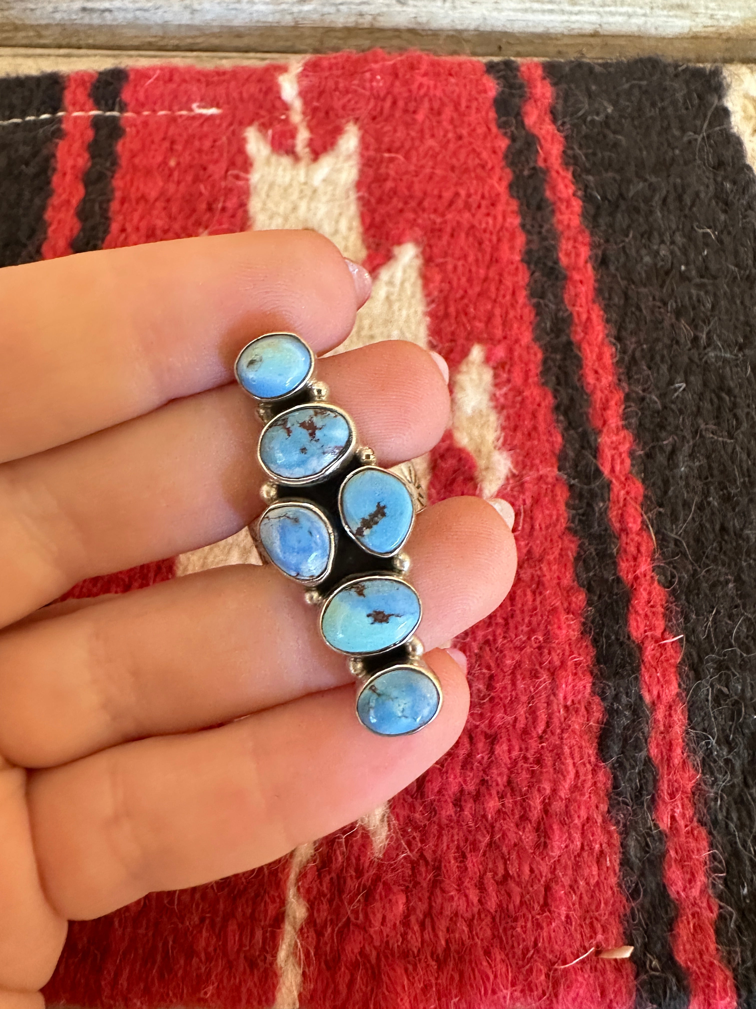 Beautiful Handmade Golden Hills Turquoise And Sterling Silver Adjustable Cluster Ring