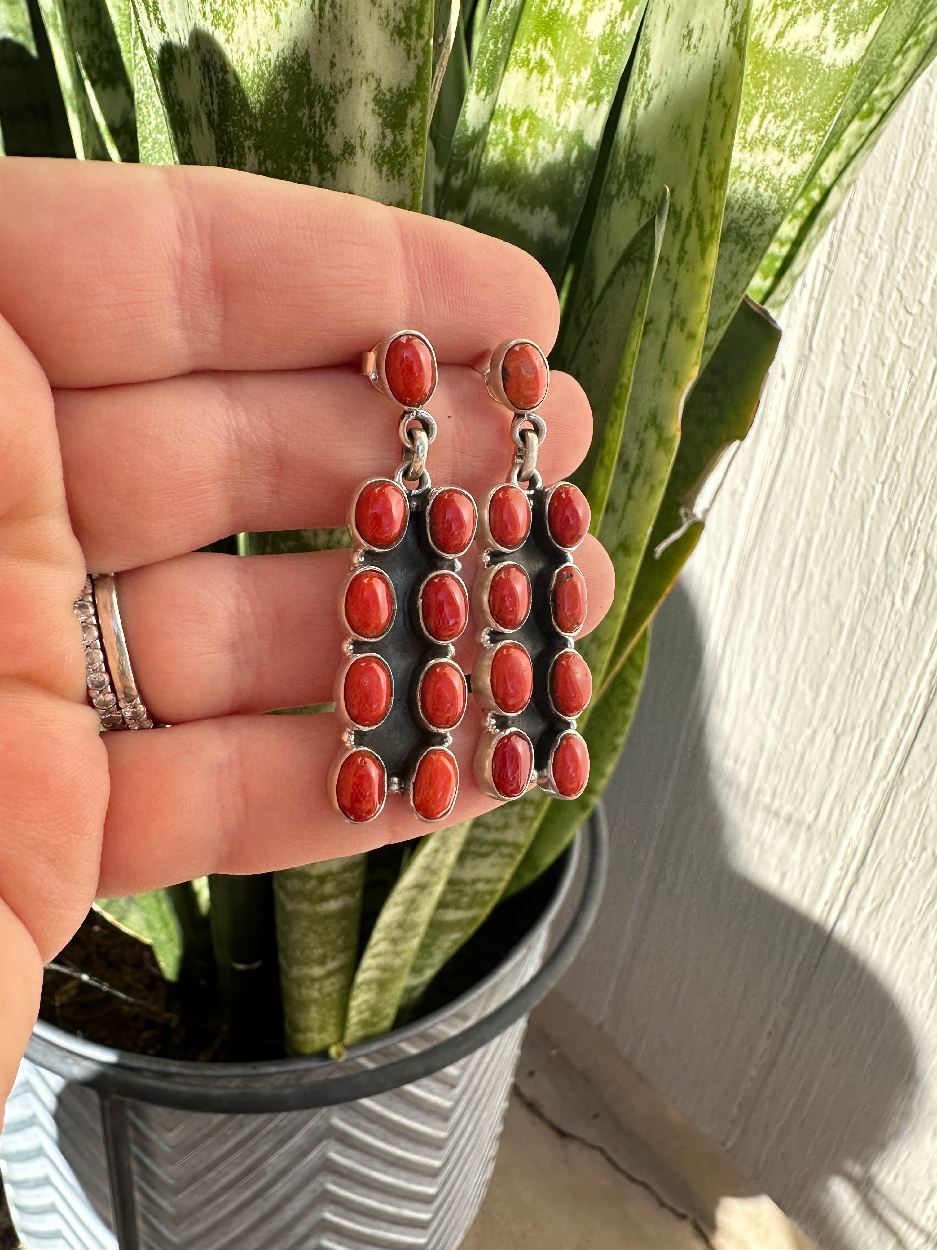 Handmade Sterling Silver & Coral Post Dangle Earrings Signed Nizhoni