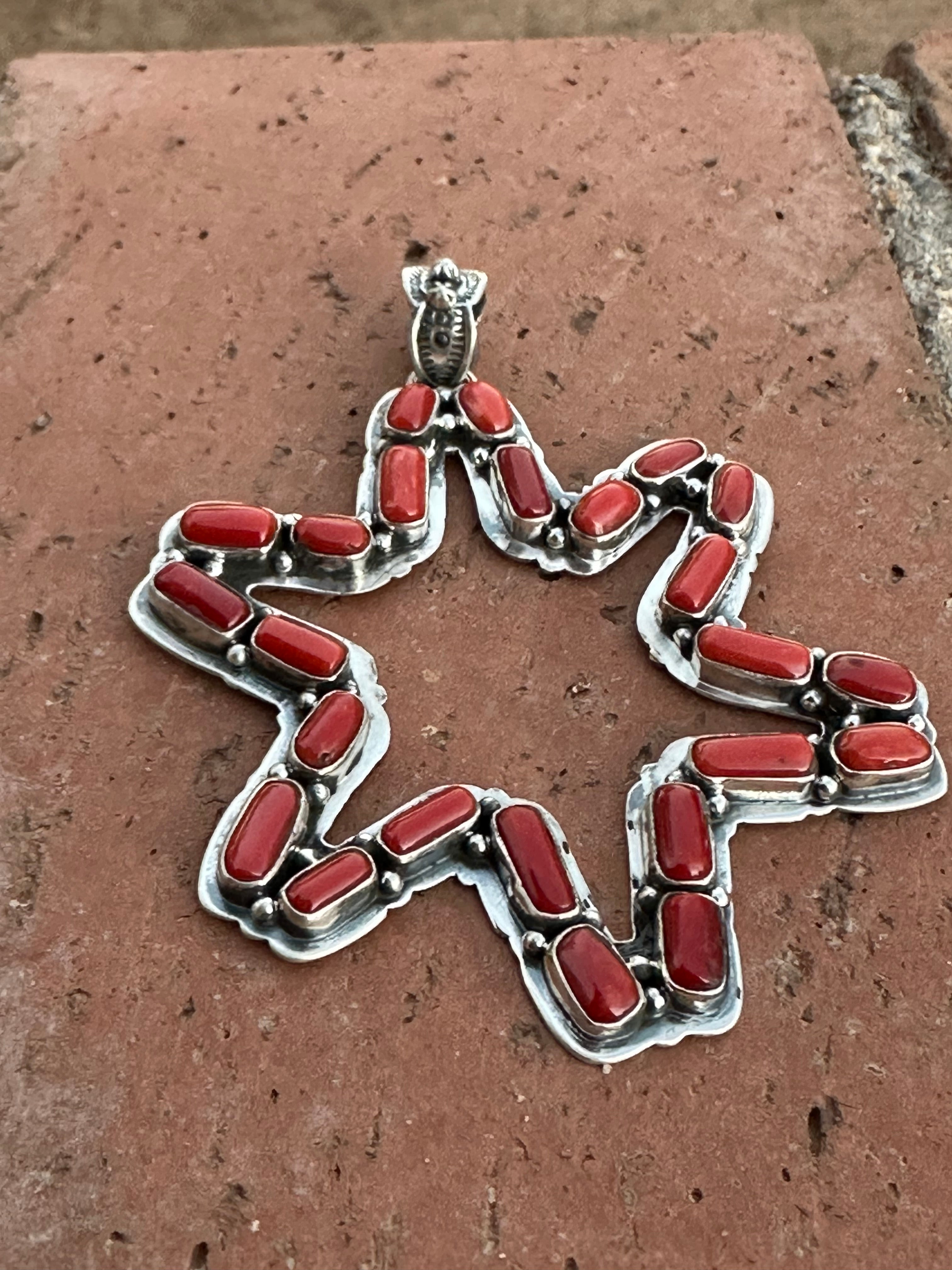 Handmade Sterling Silver & Coral Christmas Star Pendant