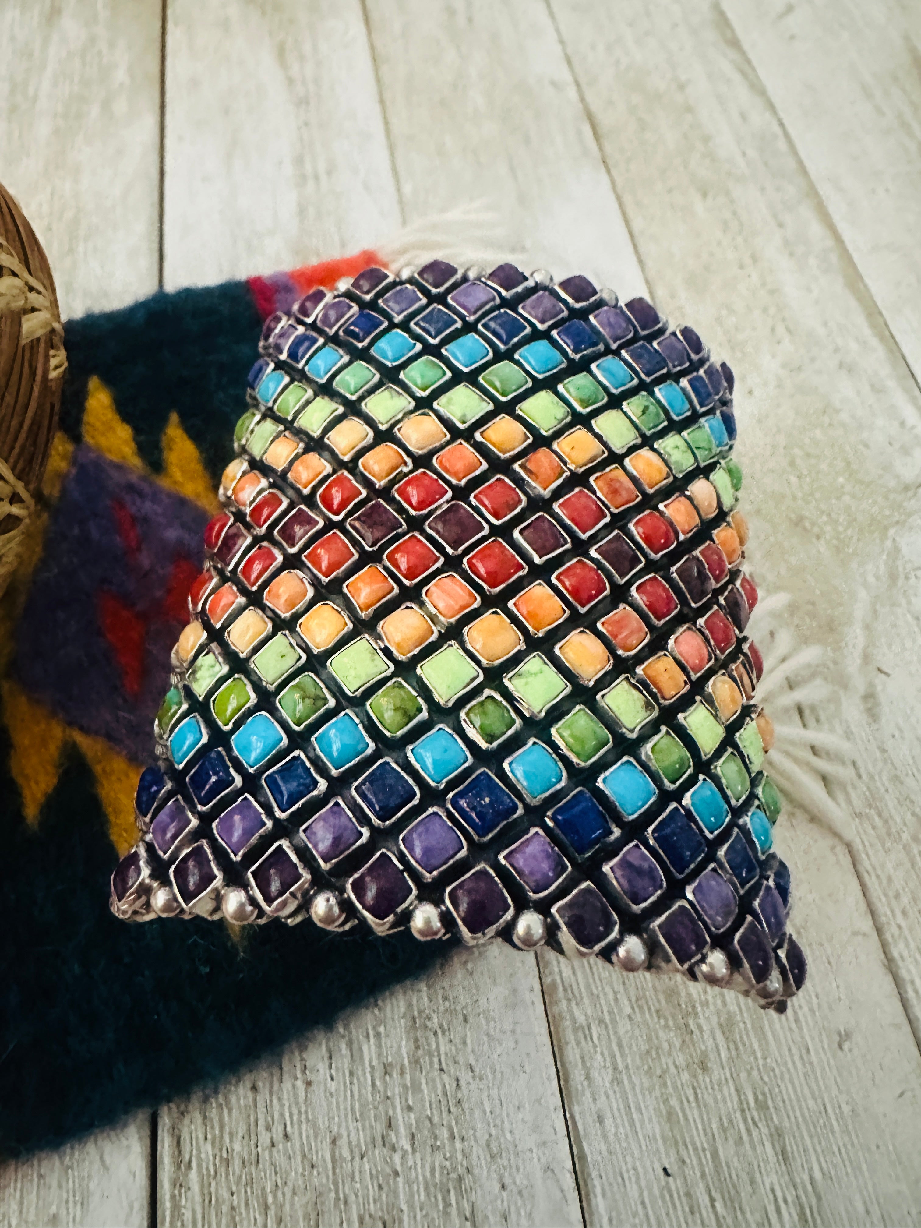 Handcrafted Rainbow Multi Stone & Sterling Silver Cuff Bracelet by Alice Lister