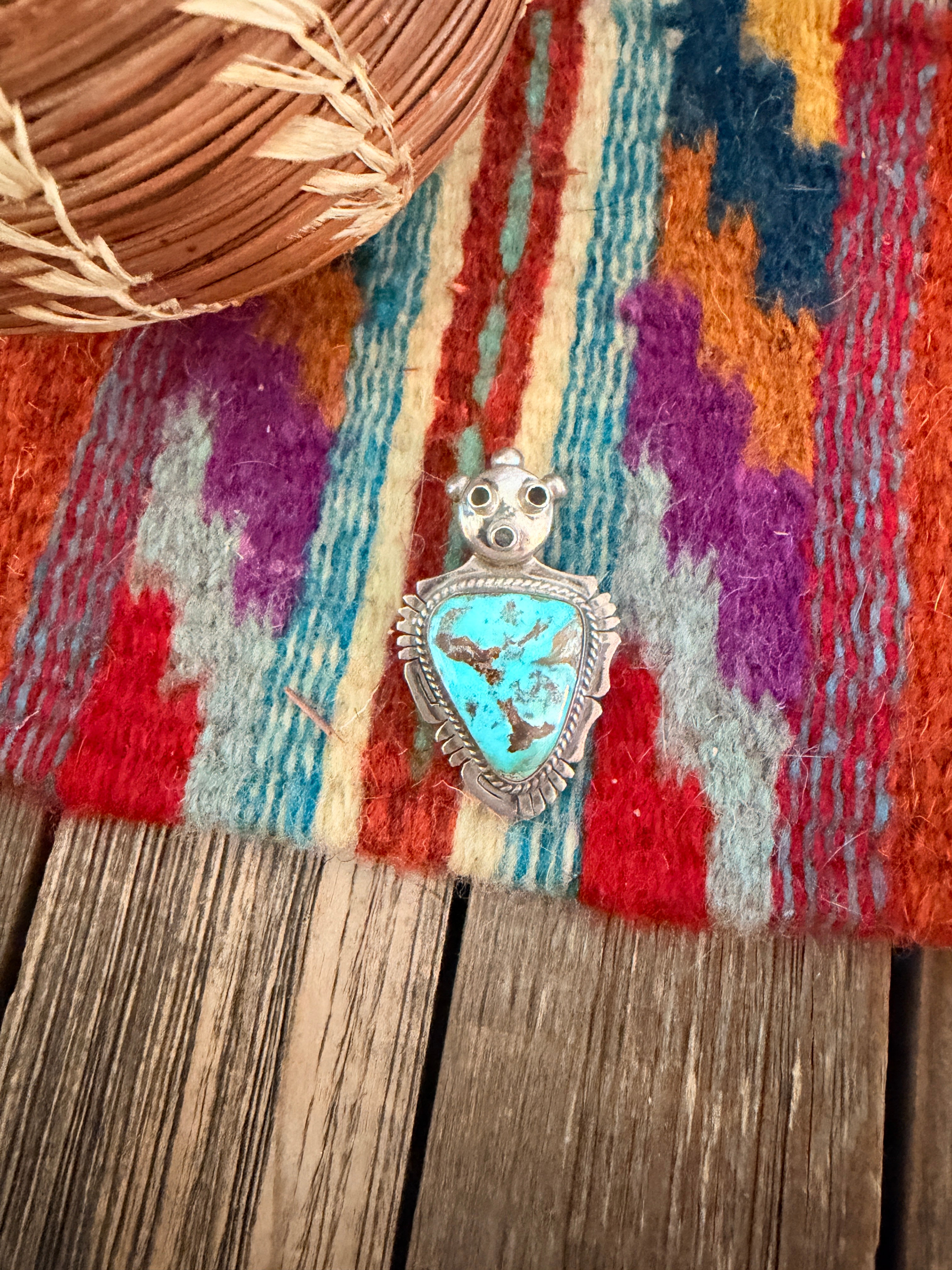 Old Pawn Handcrafted Turquoise and Sterling Silver Yei Symbol Brooch/ Pendant by Bennie Ration