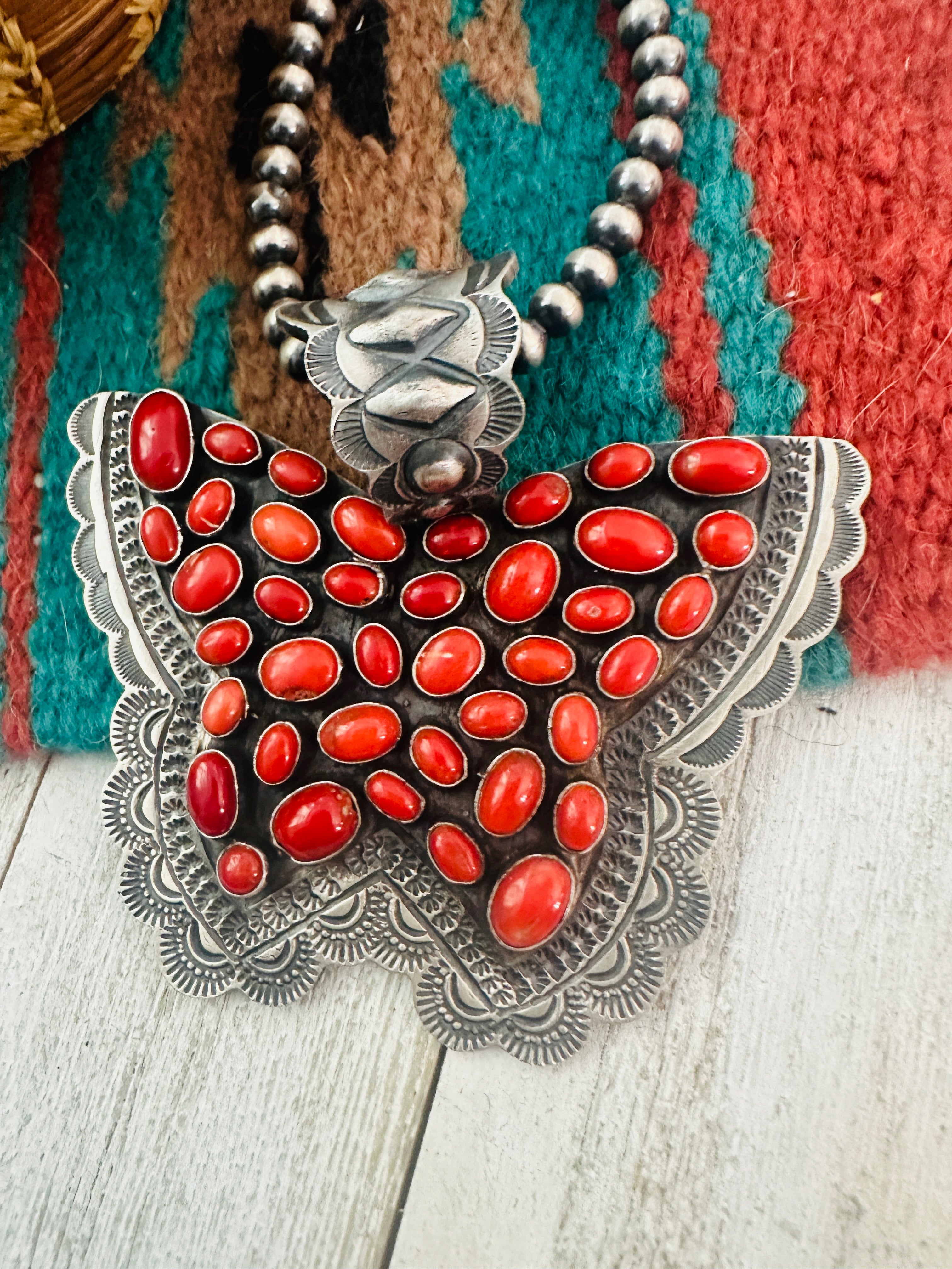 Navajo Sterling Silver & Coral Butterfly Pendant by Shawn Cayatineto