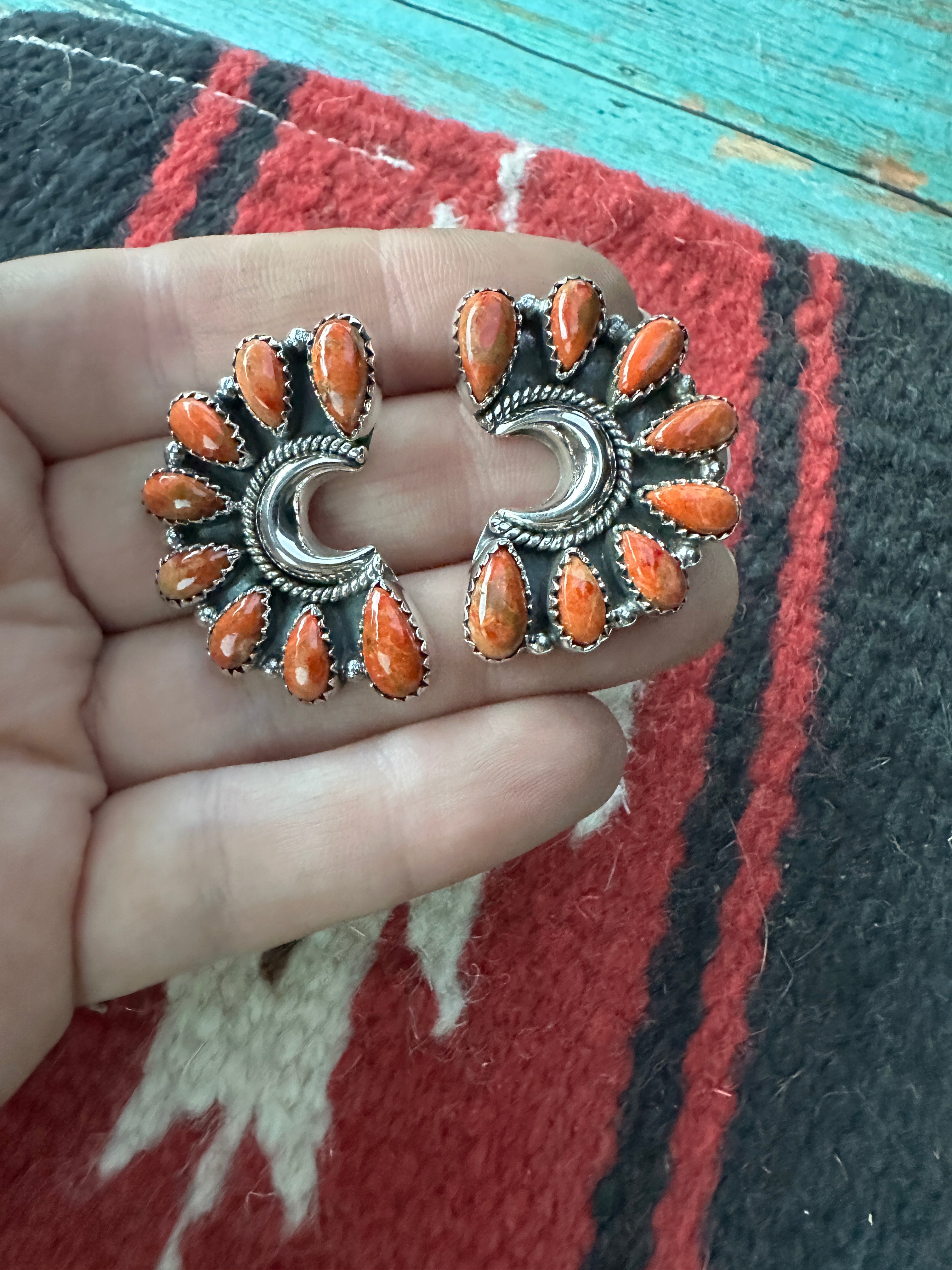 Handmade Sterling Silver & Orange Mojave Crescent Post Earrings Signed Nizhoni