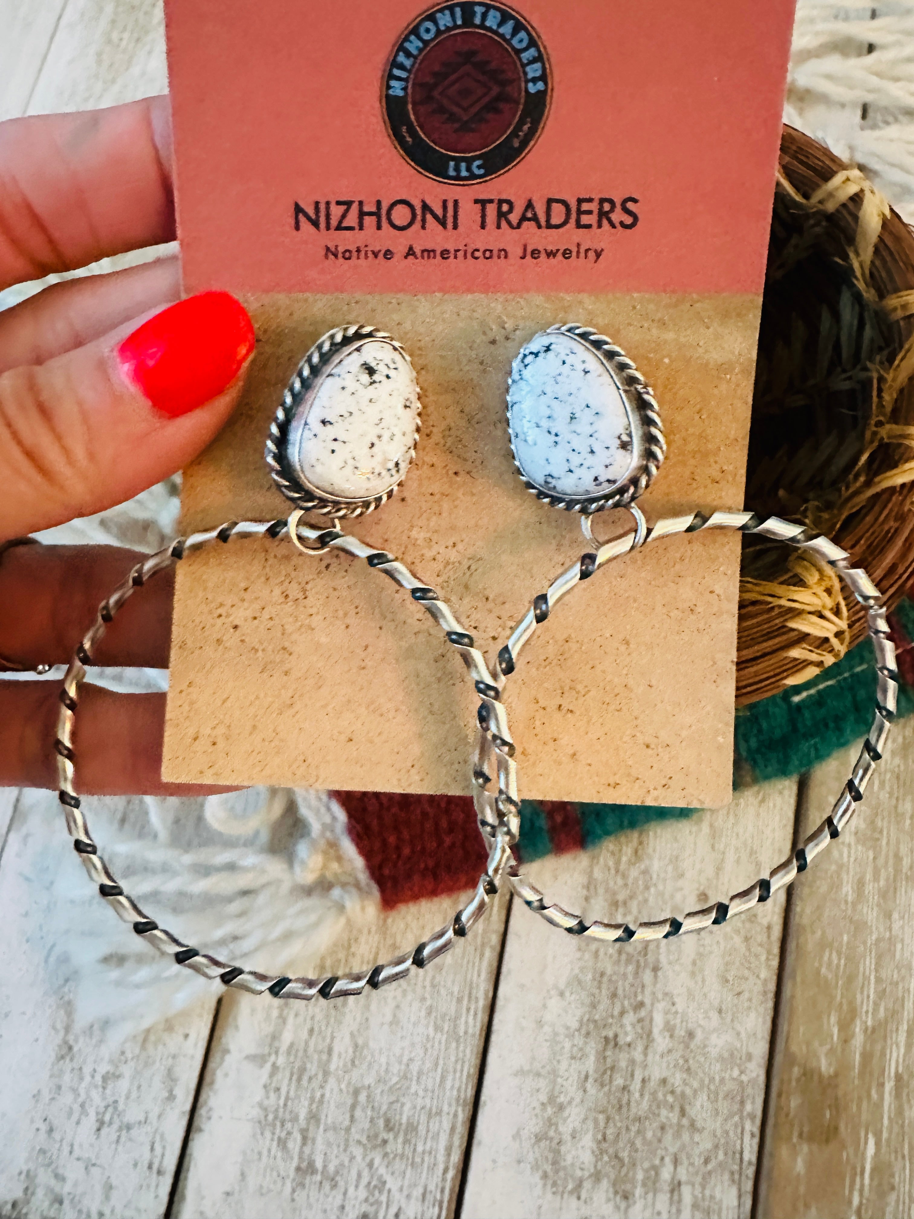 Navajo White Buffalo and Sterling Silver Dangle Hoop Earrings