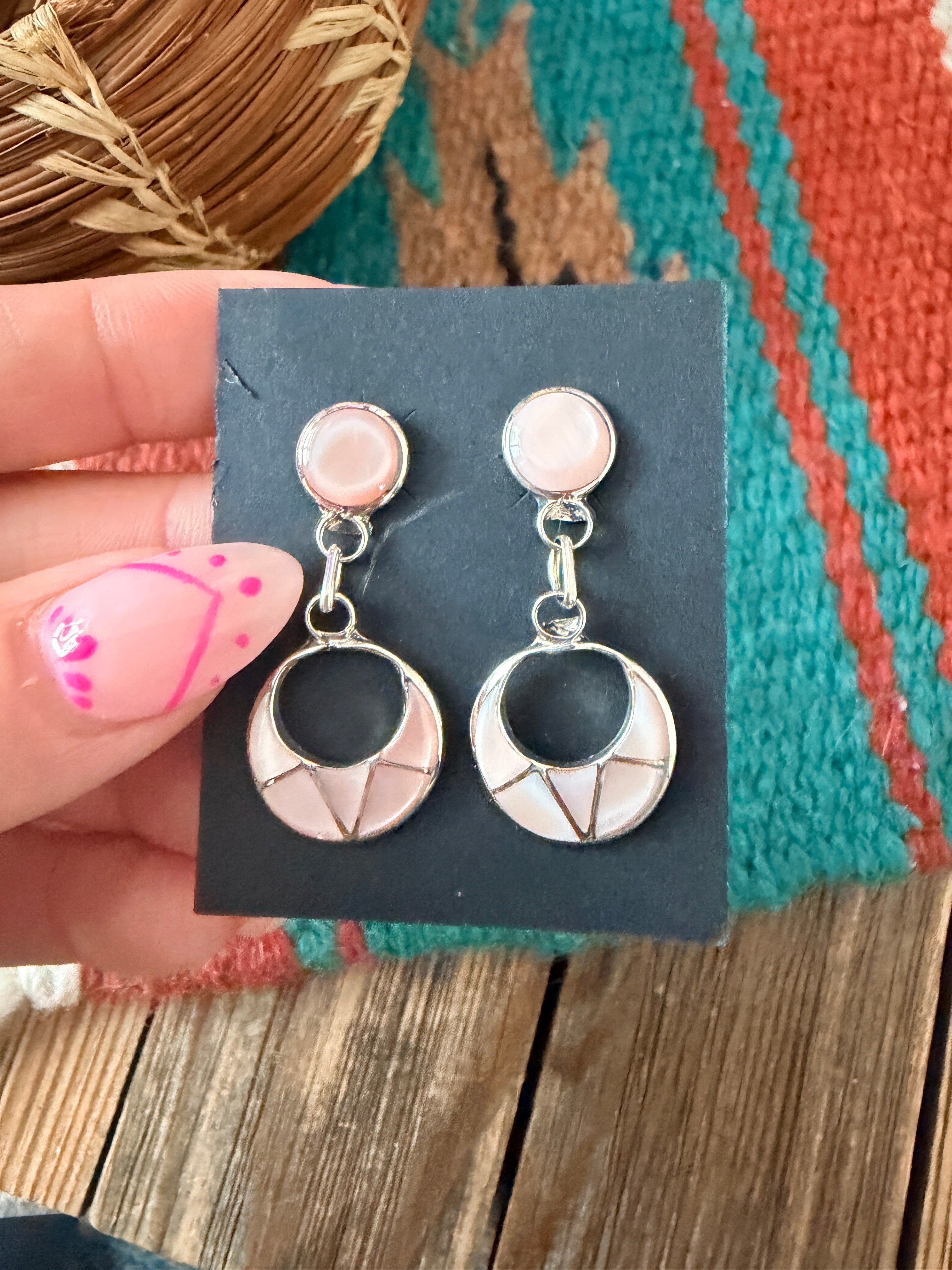 Handcrafted Mother of Pearl & Sterling Silver Inlay Dangle Earrings