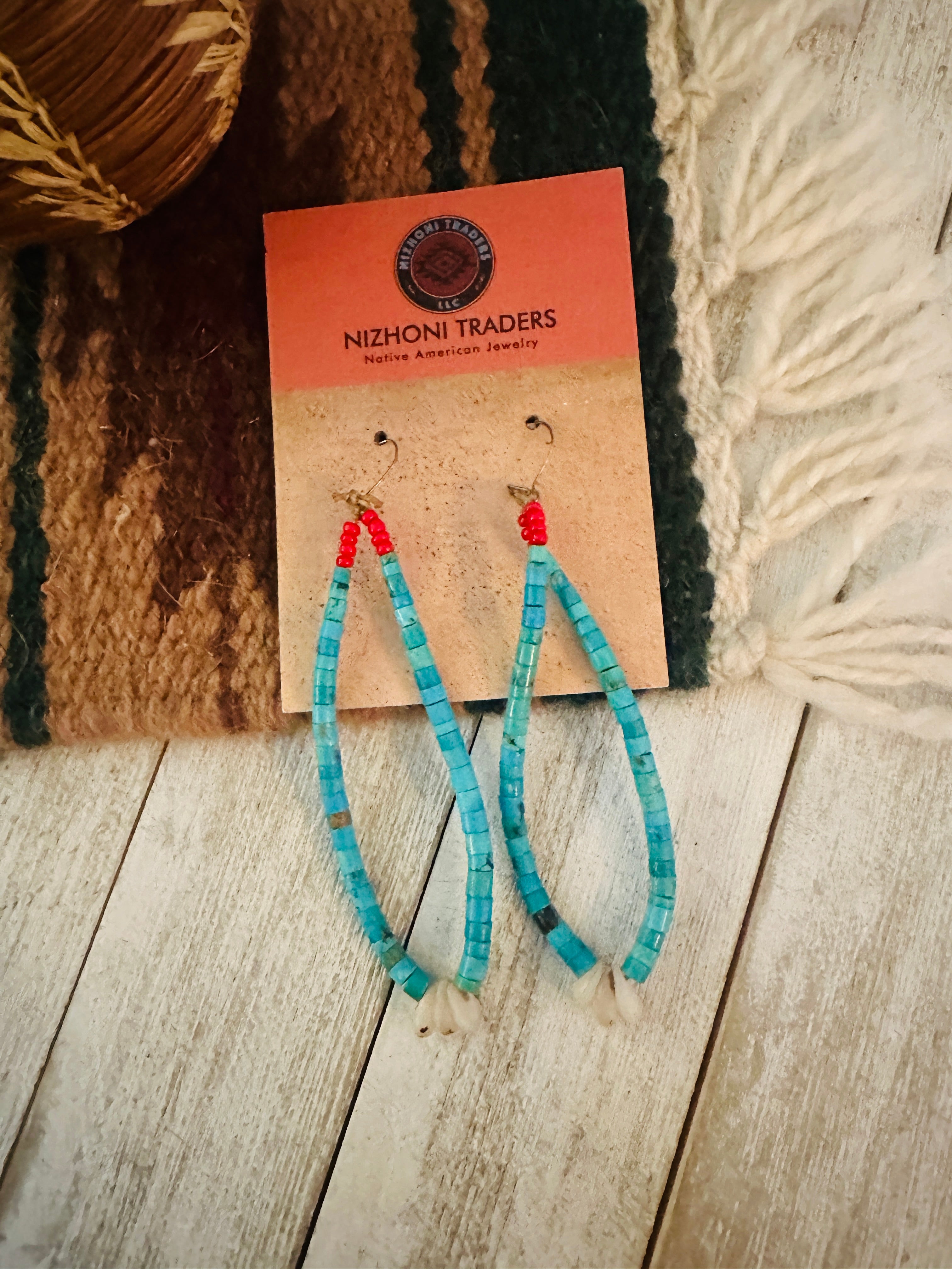 Vintage Old Pawn Handcrafted Turquoise & Coral Beaded Dangle Earrings