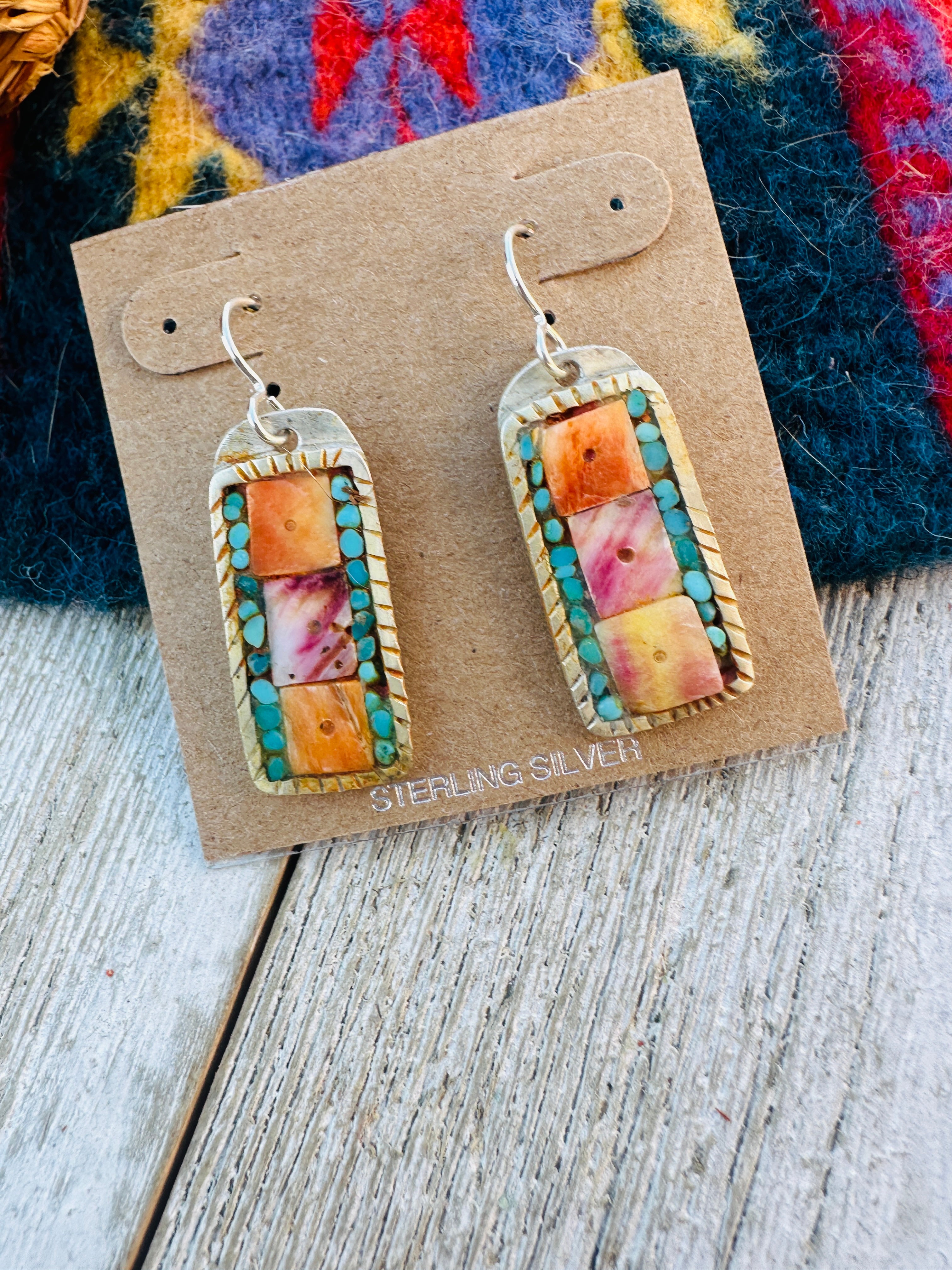 Handcrafted Spiny, Turquoise & Sterling Silver Inlay Dangle Earrings