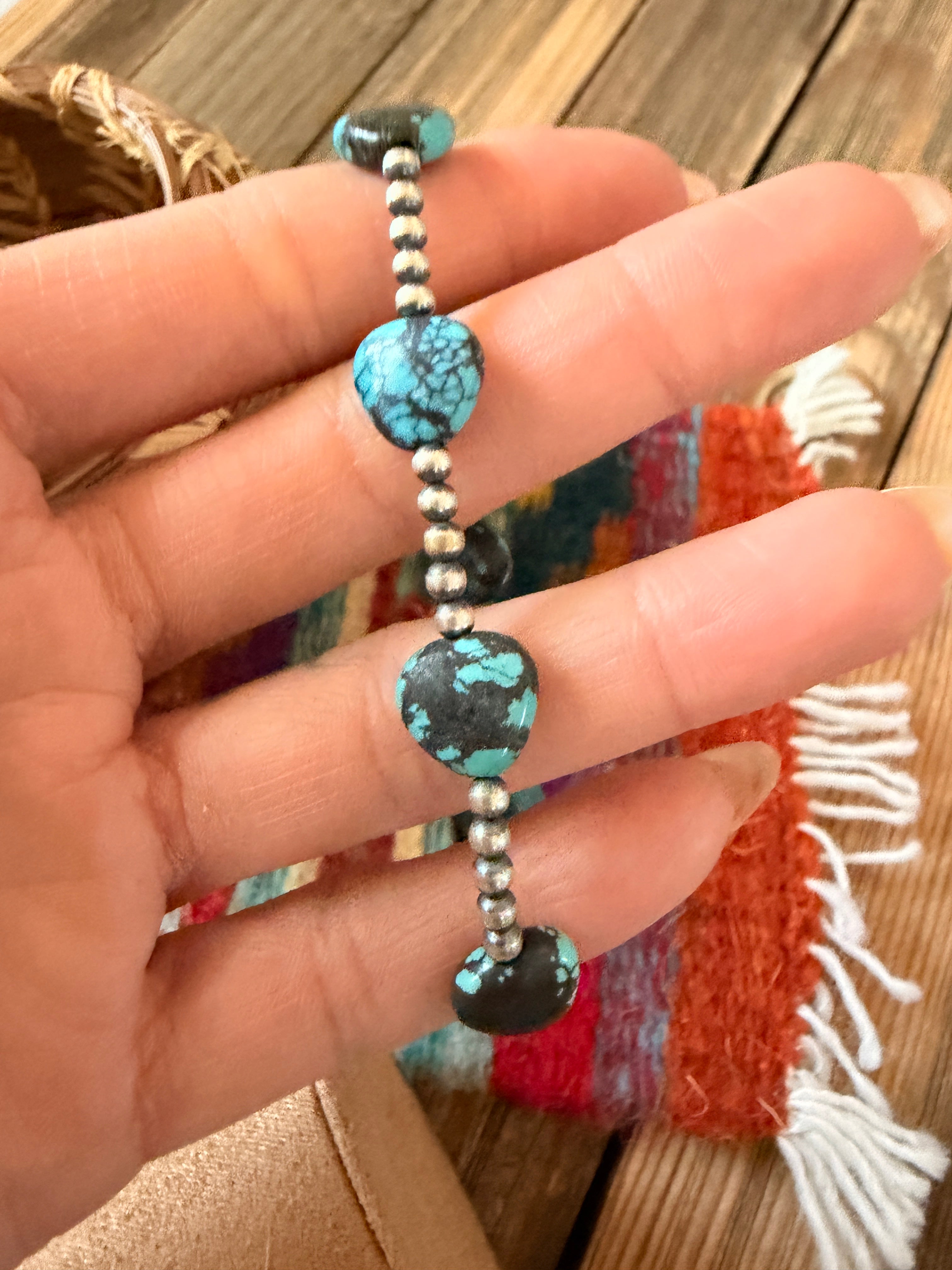 Handcrafted Turquoise & Sterling Silver Beaded Stretch Bracelet