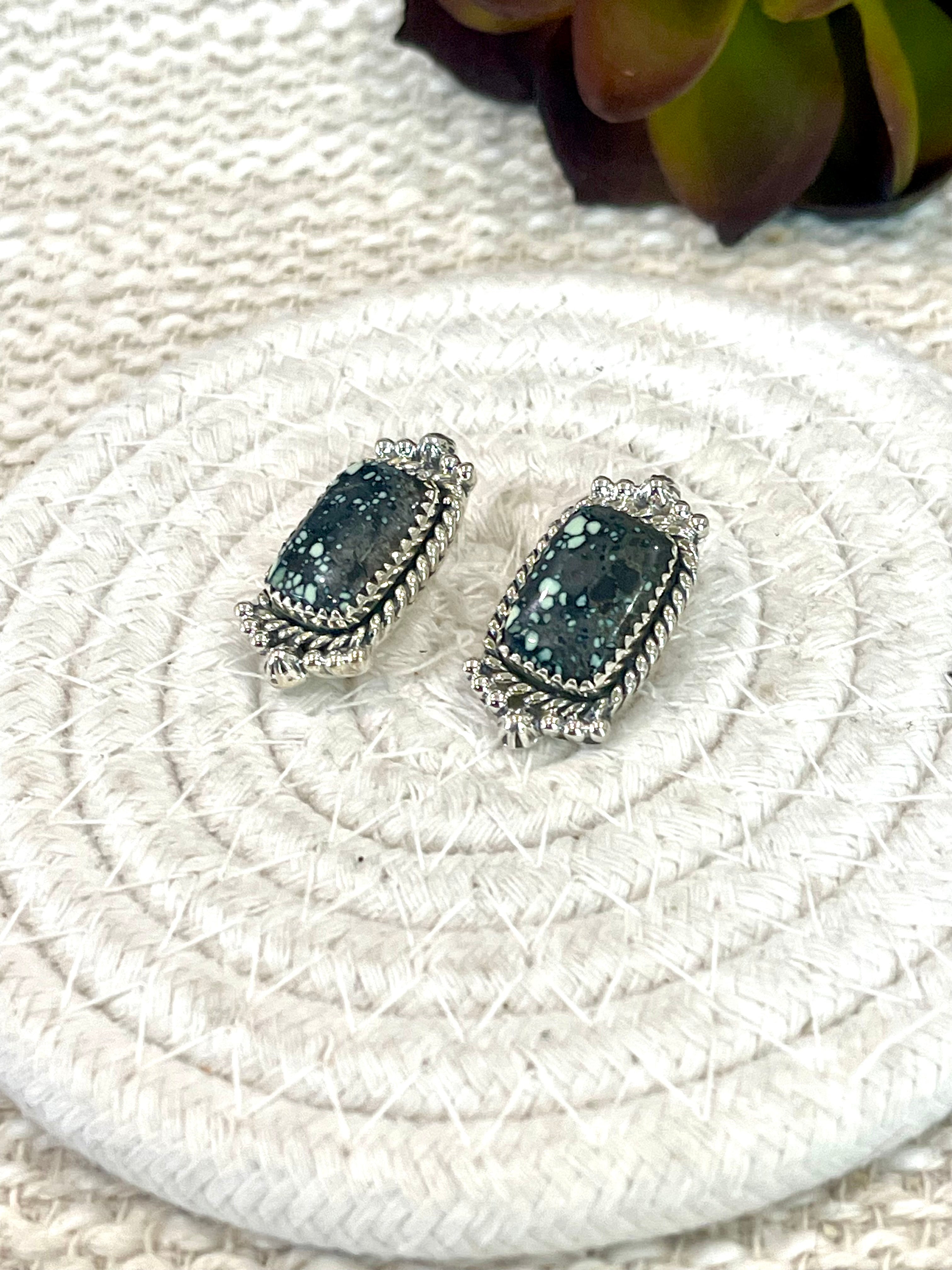 Handmade New Lander Turquoise and Sterling Silver Post Earring