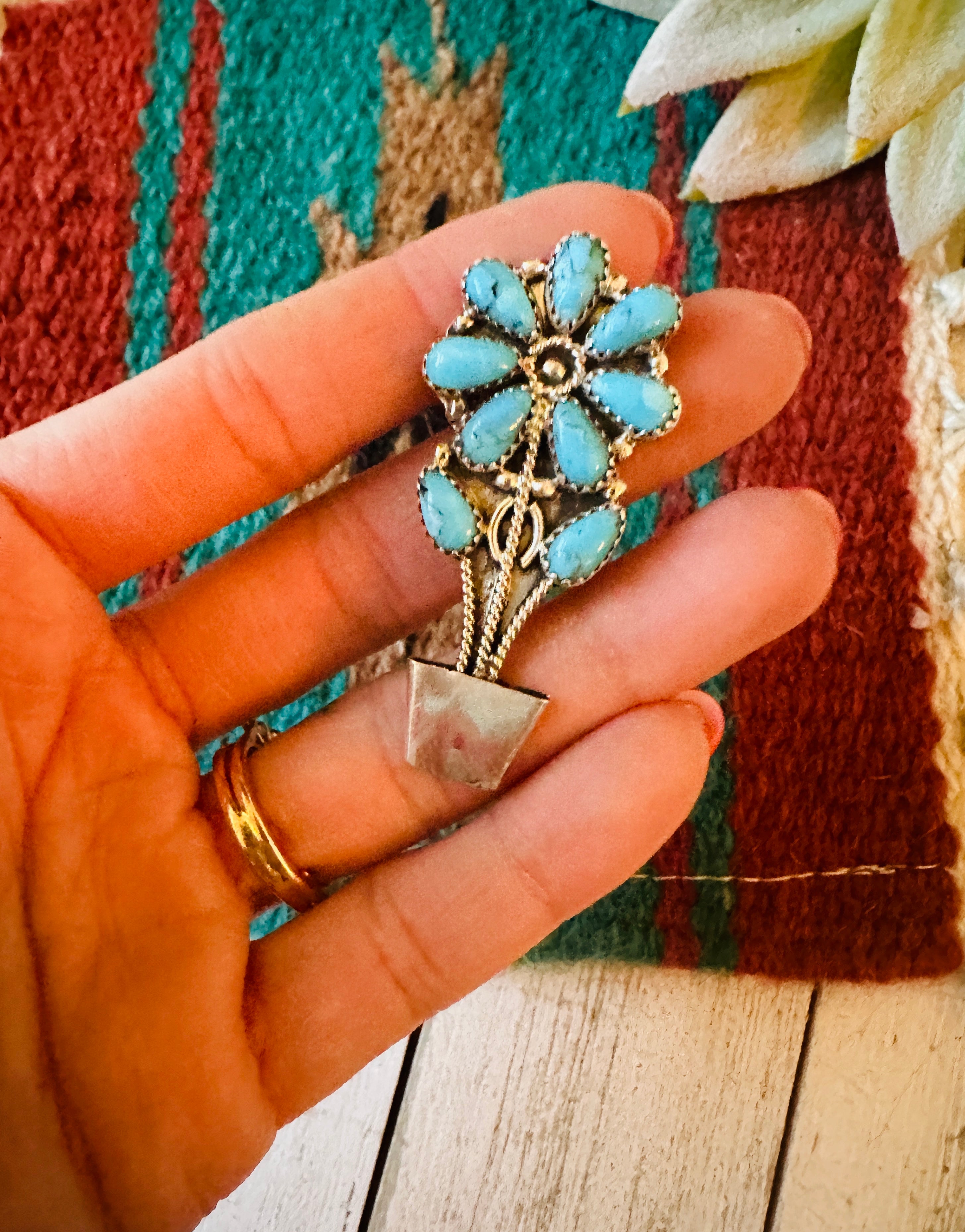 Navajo Turquoise & Sterling Silver Flower Brooch