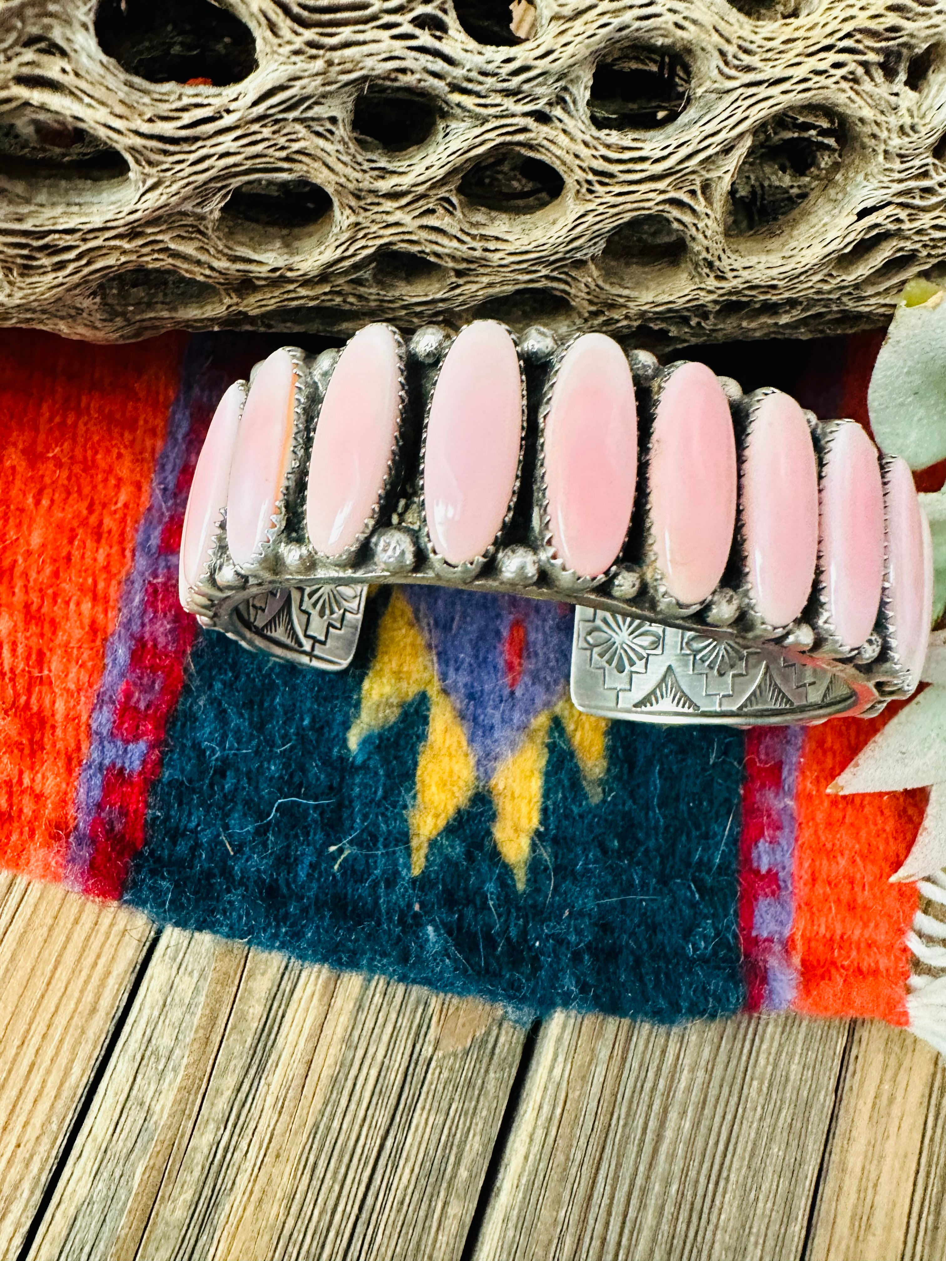 Navajo Queen Pink Conch Shell & Sterling Silver Cuff Bracelet