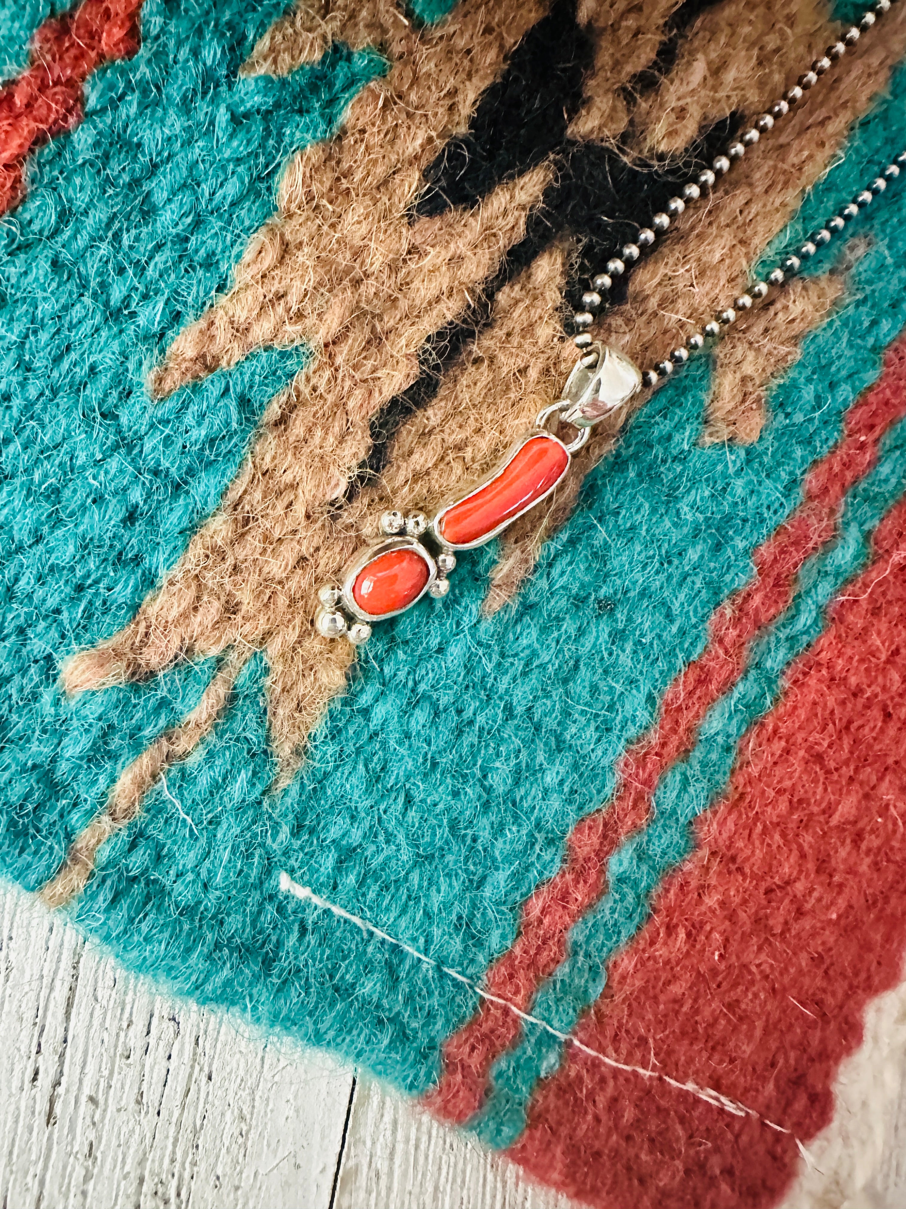 Navajo Red Coral & Sterling Silver Pendant