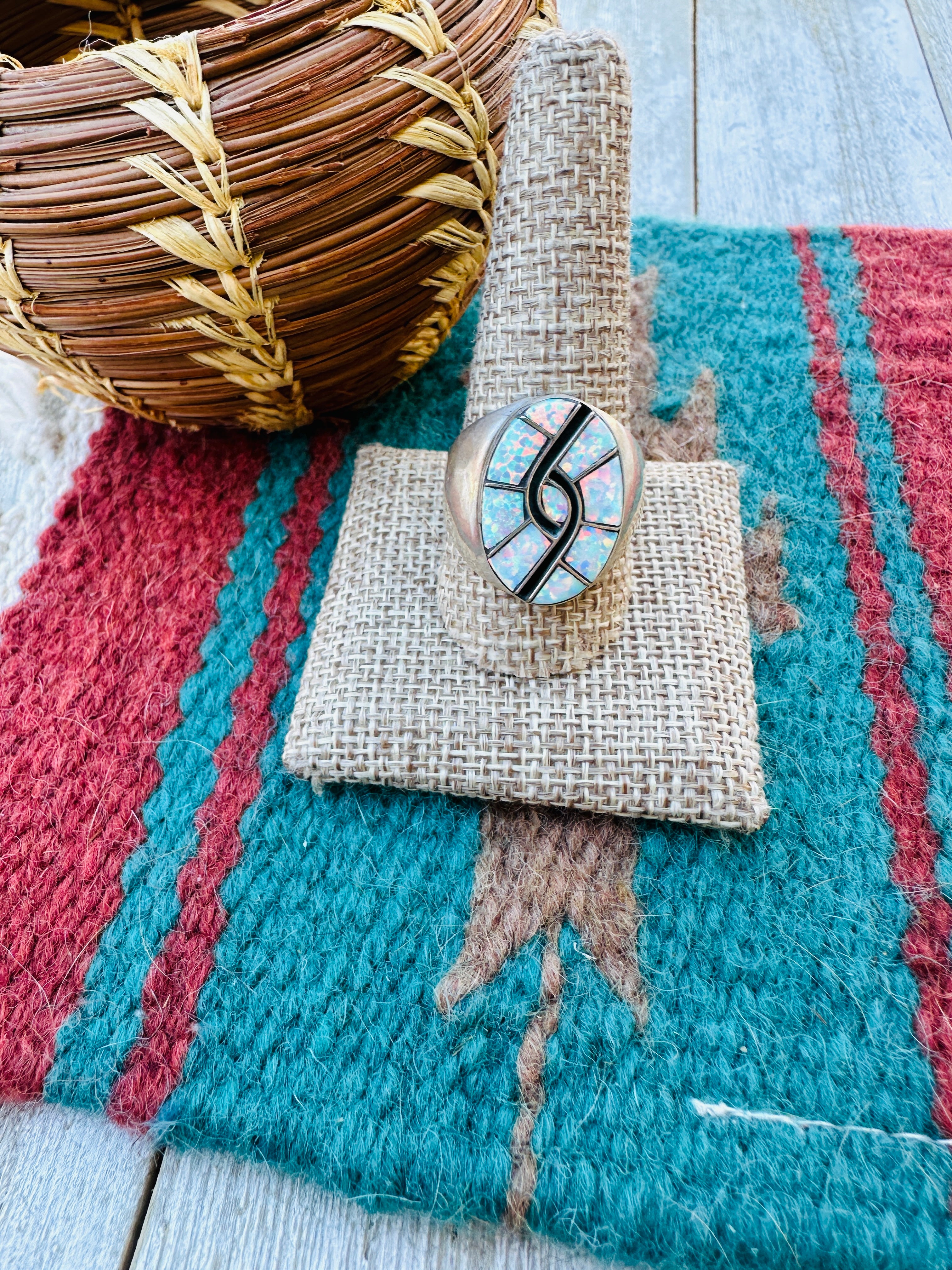 Old Pawn Handcrafted Opal, Onyx & Sterling Silver Inlay Ring Size 11