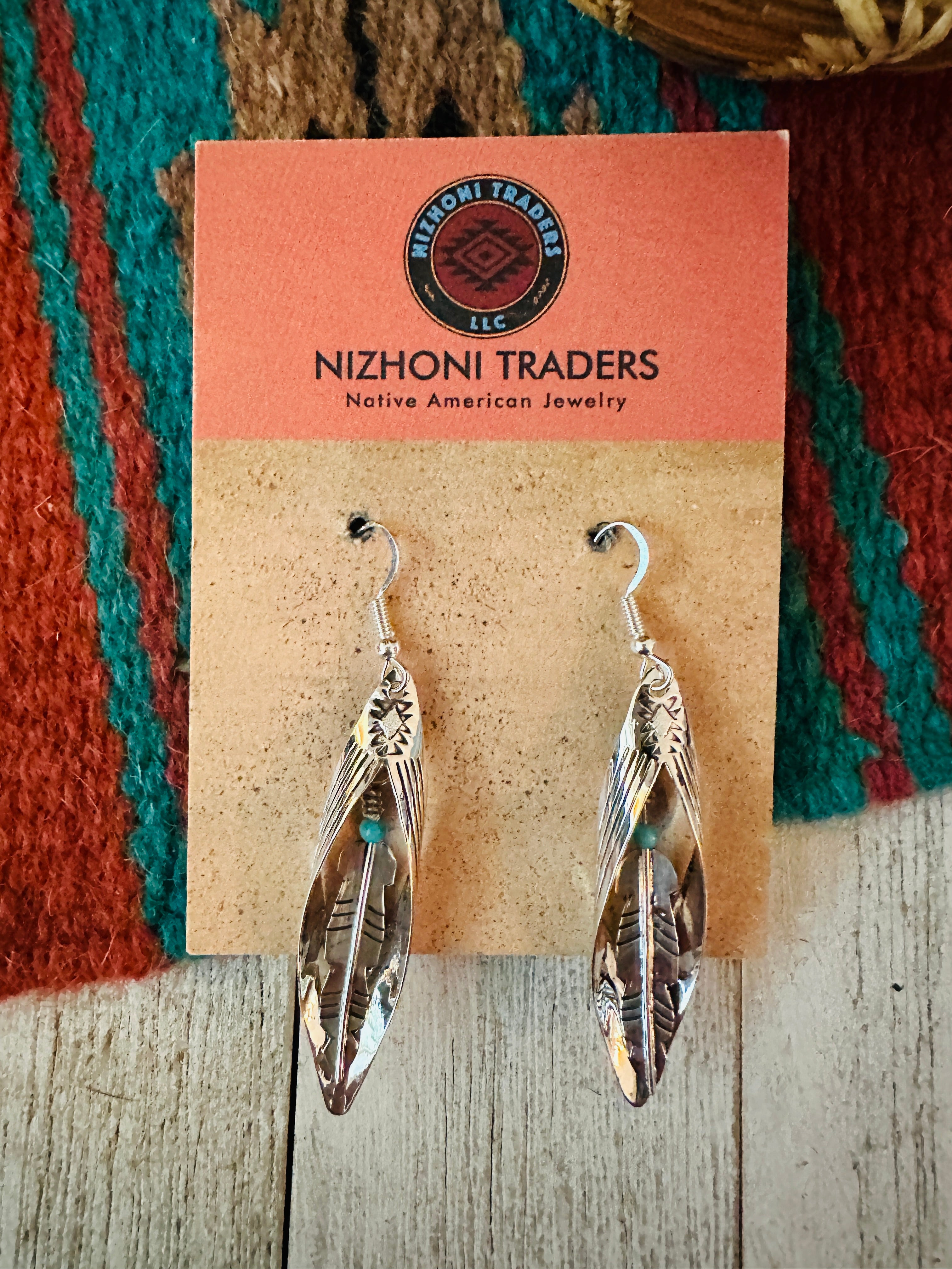 Navajo Turquoise & Sterling Silver Feather Dangle Earrings