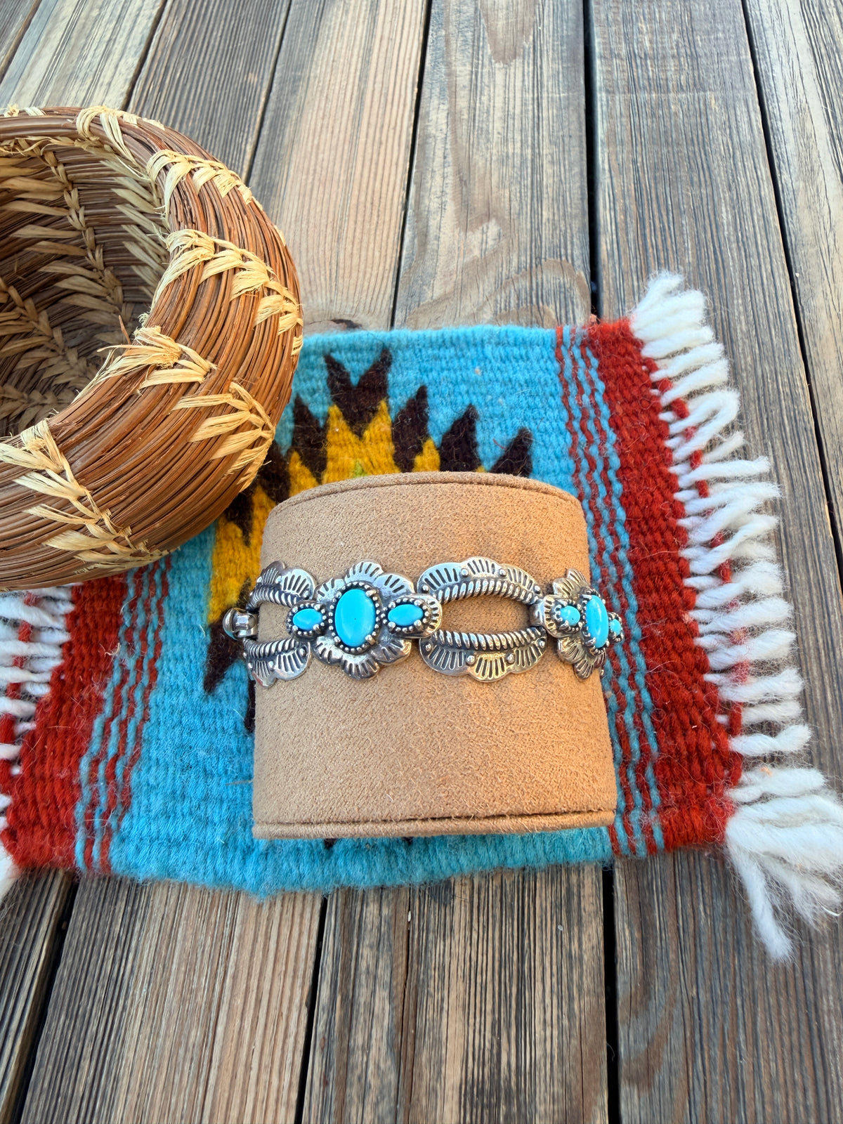 Handcrafted Old Pawn Sterling Silver & Turquoise Link Bracelet