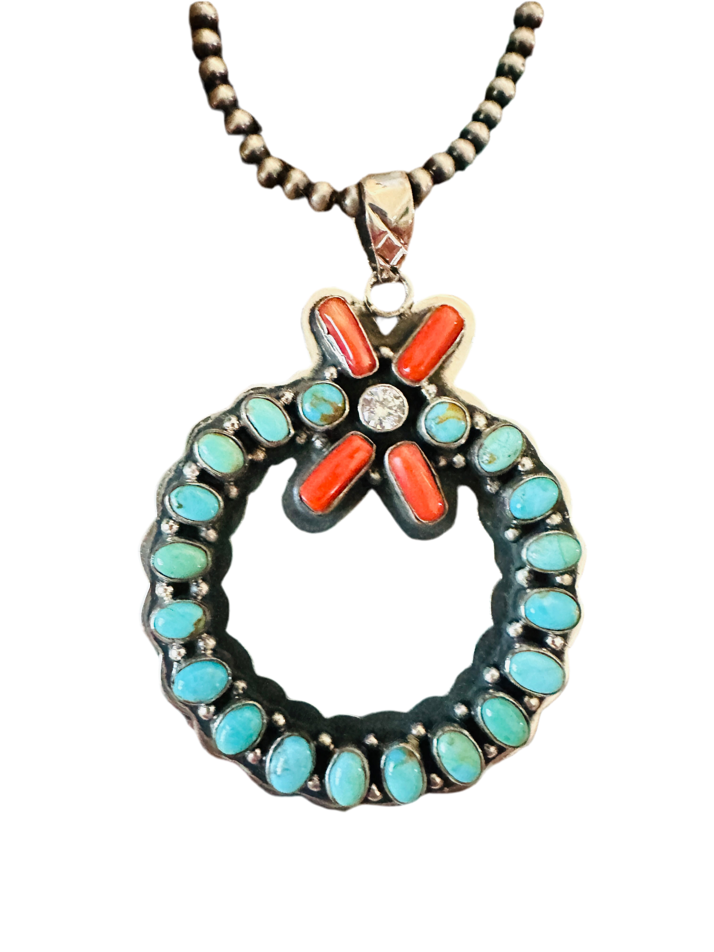** Christmas Collection ** Handmade Sterling Silver, Turquoise, Coral & CZ Wreath Pendant Signed Nizhoni