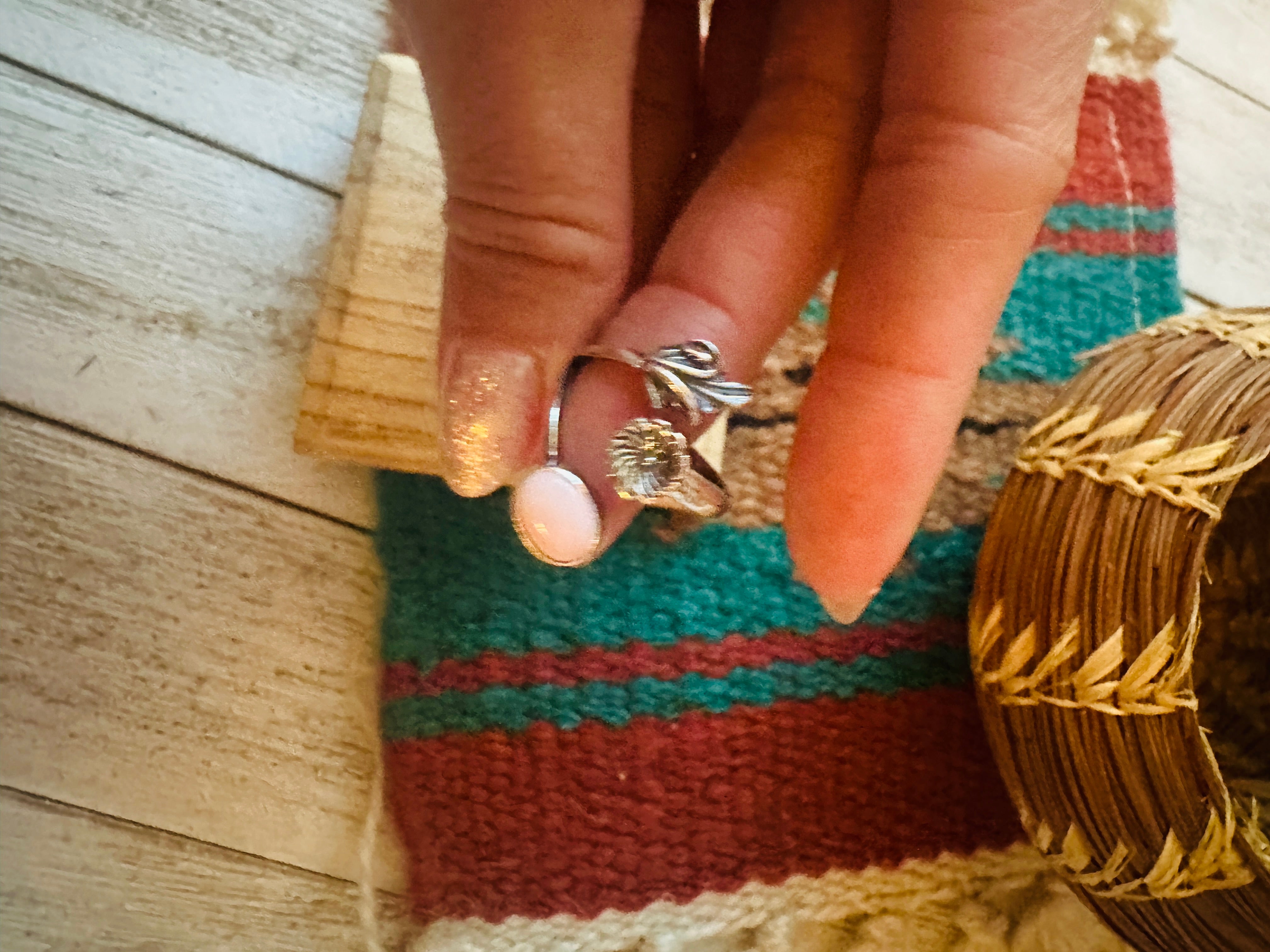 Navajo Sterling Silver & Queen Pink Conch Flower Adjustable Ring