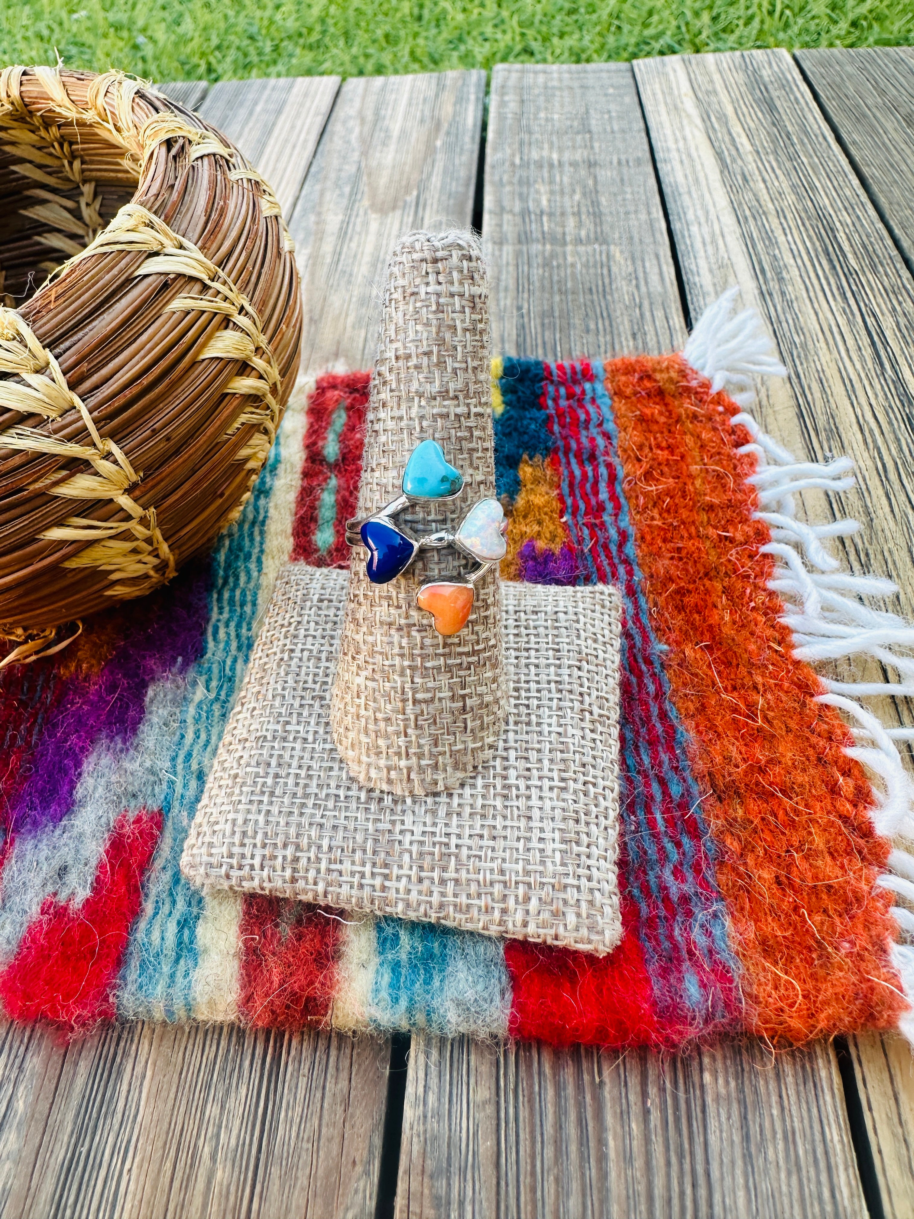 Handcrafted Multi Stone & Heart Ring Size 9.5