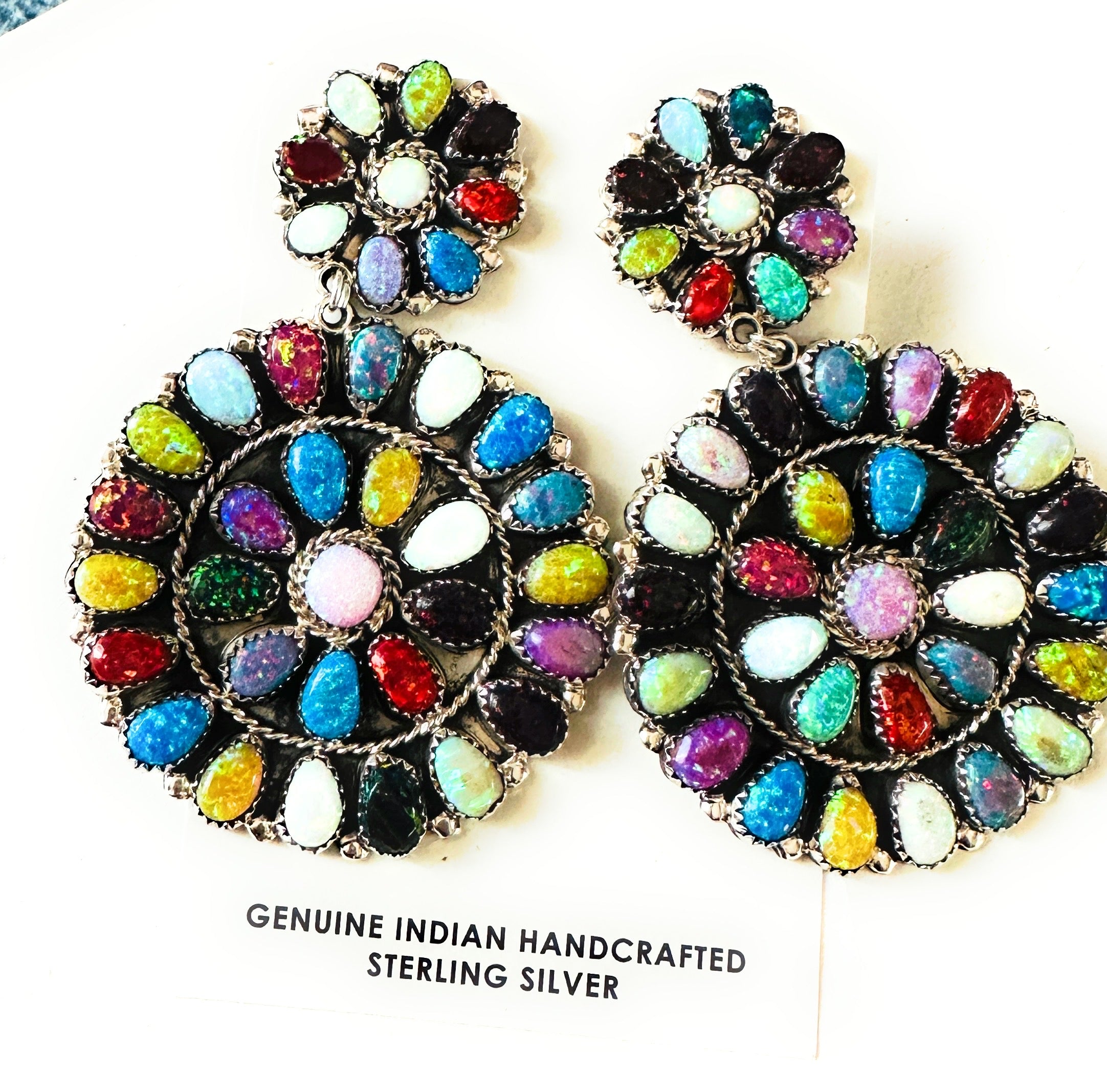 Handmade Multicolor Opal And Sterling Silver Cluster Earrings