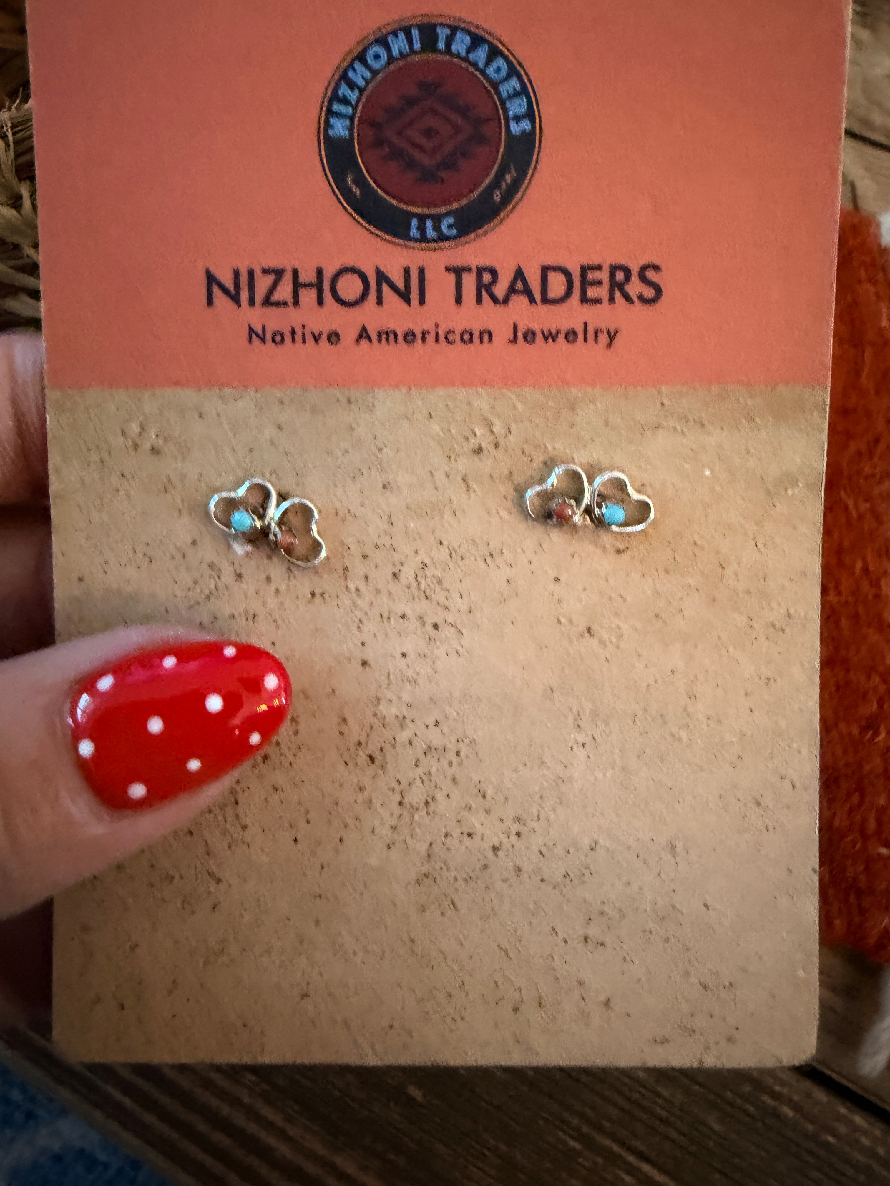 Handcrafted Turquoise, Coral & Sterling Silver Heart Stud Earrings