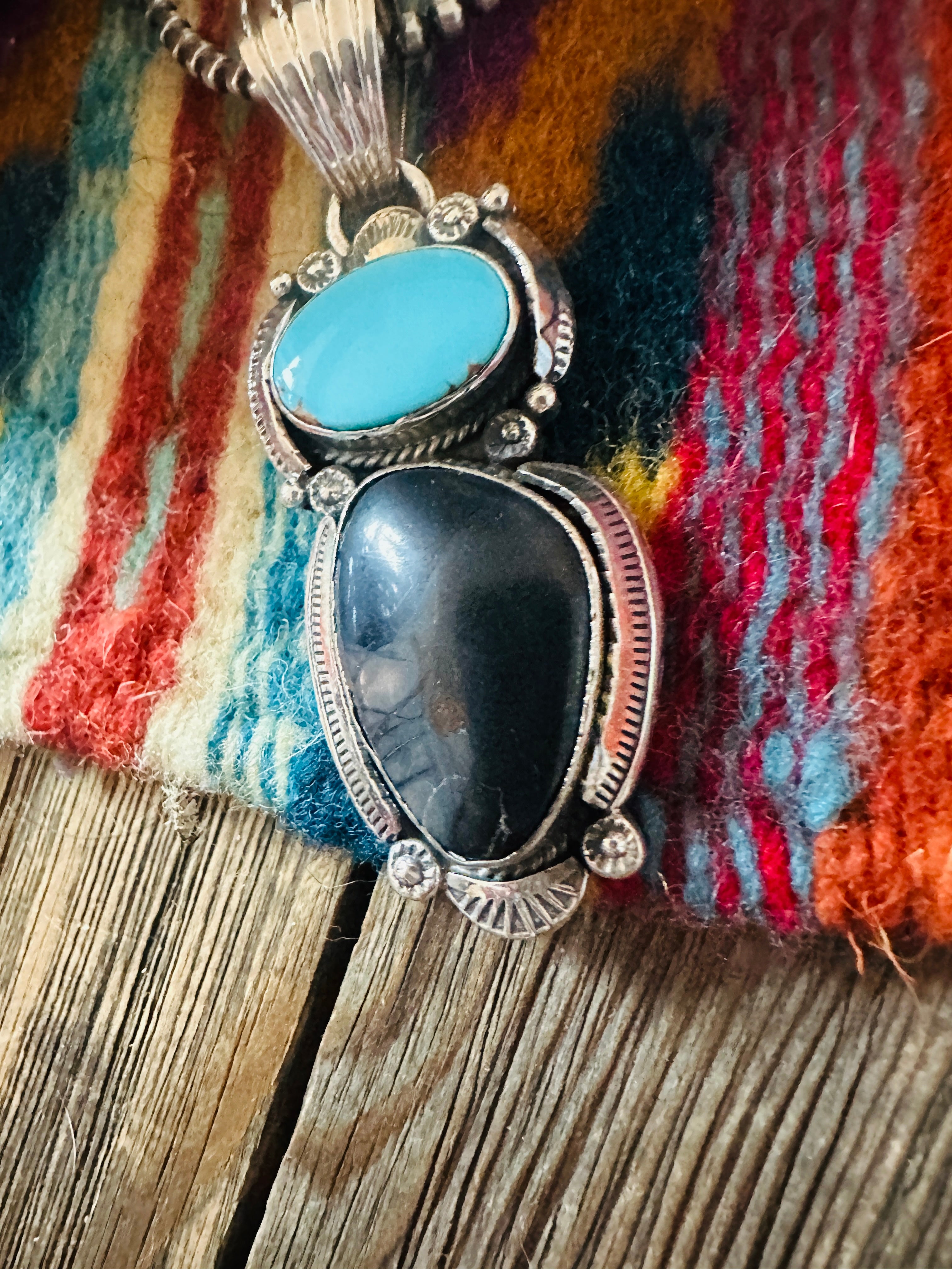 Handcrafted Sterling Silver, Onyx & Turquoise Pendant