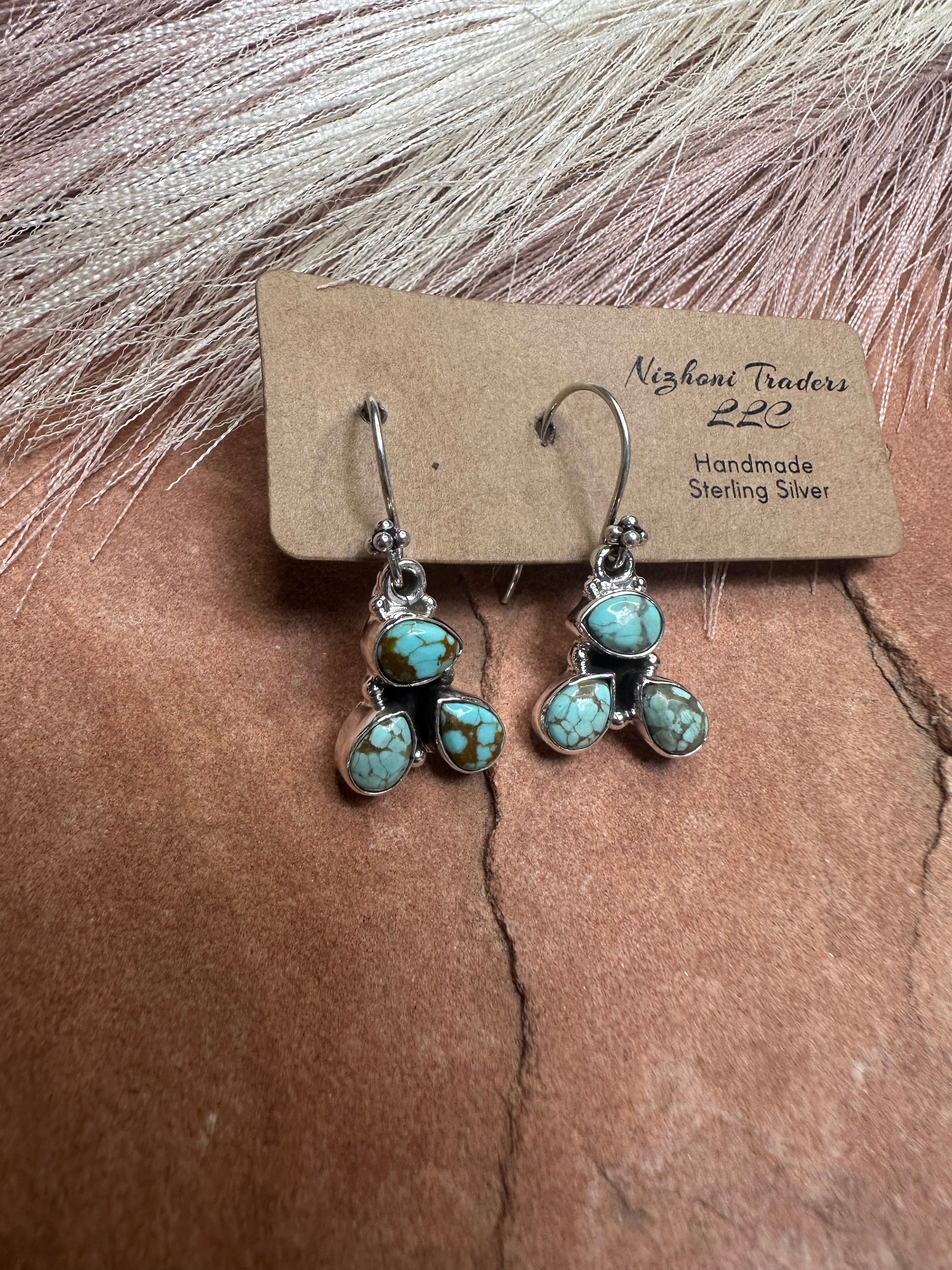 Handmade Number 8 Turquoise and Sterling Silver 3 Stone Dangle Earrings