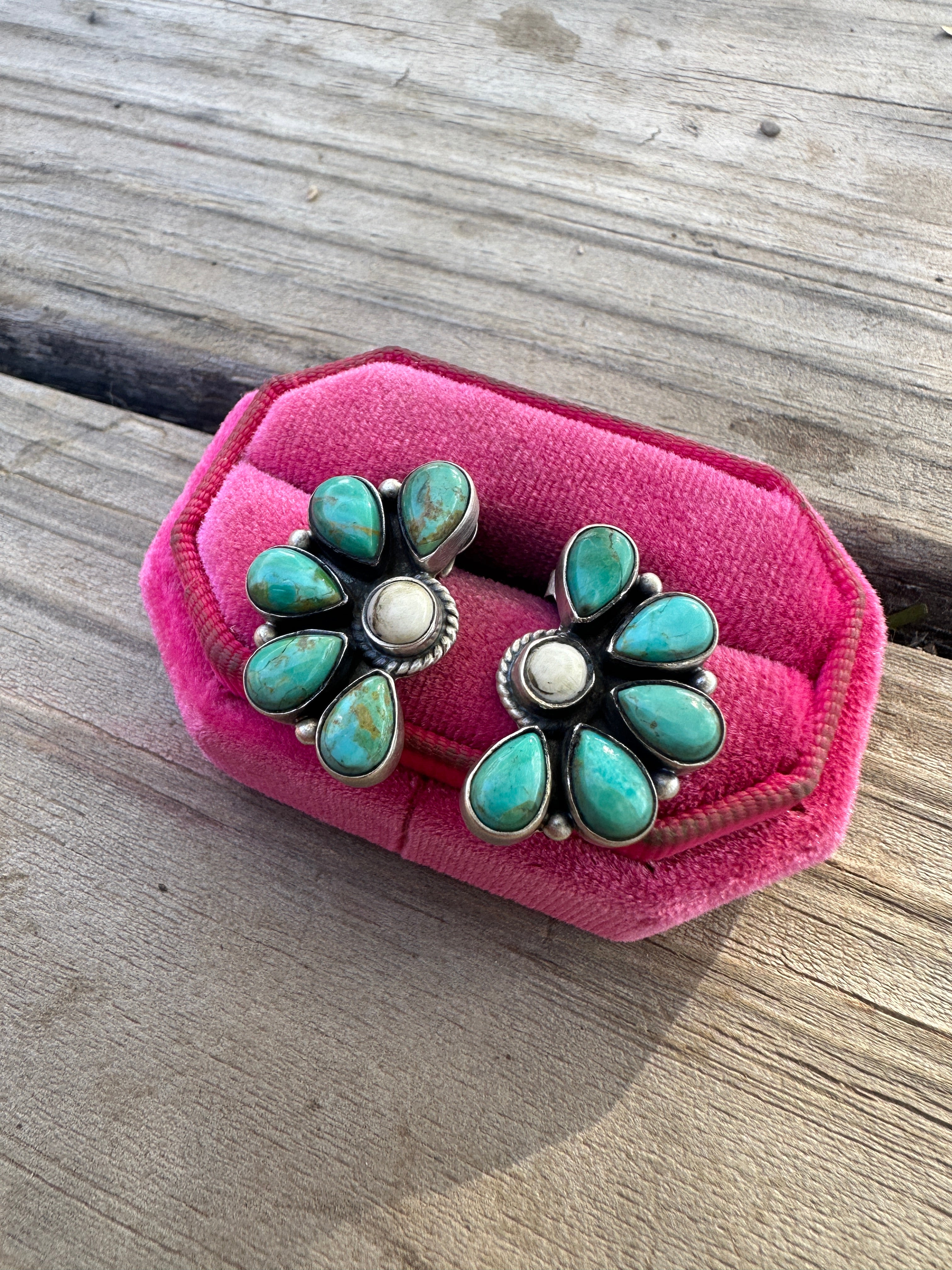 Handmade White Buffalo, Turquoise & Sterling Silver Cluster Crescent Post Earrings