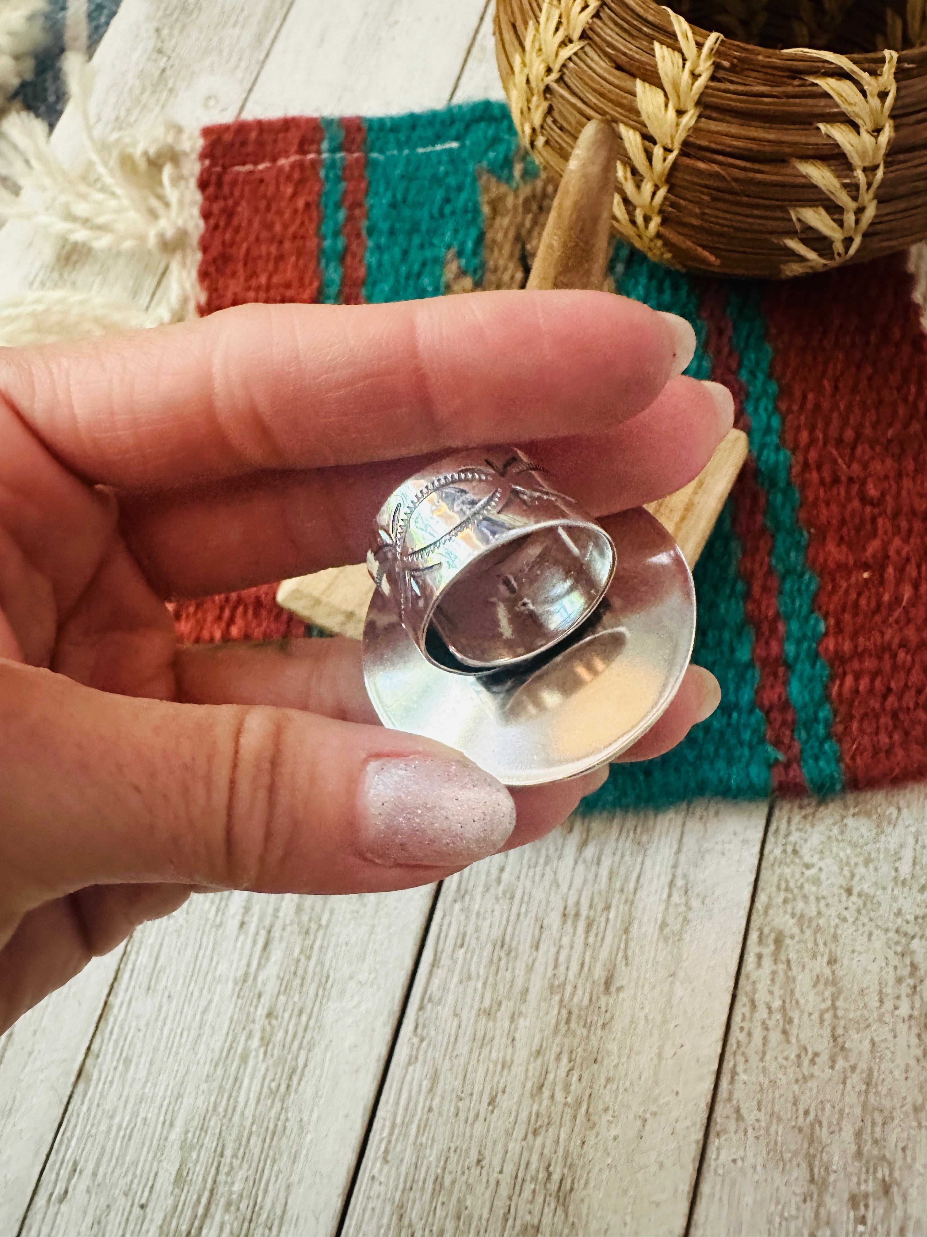 Navajo Sterling Silver Hand Stamped Concho Adjustable Ring