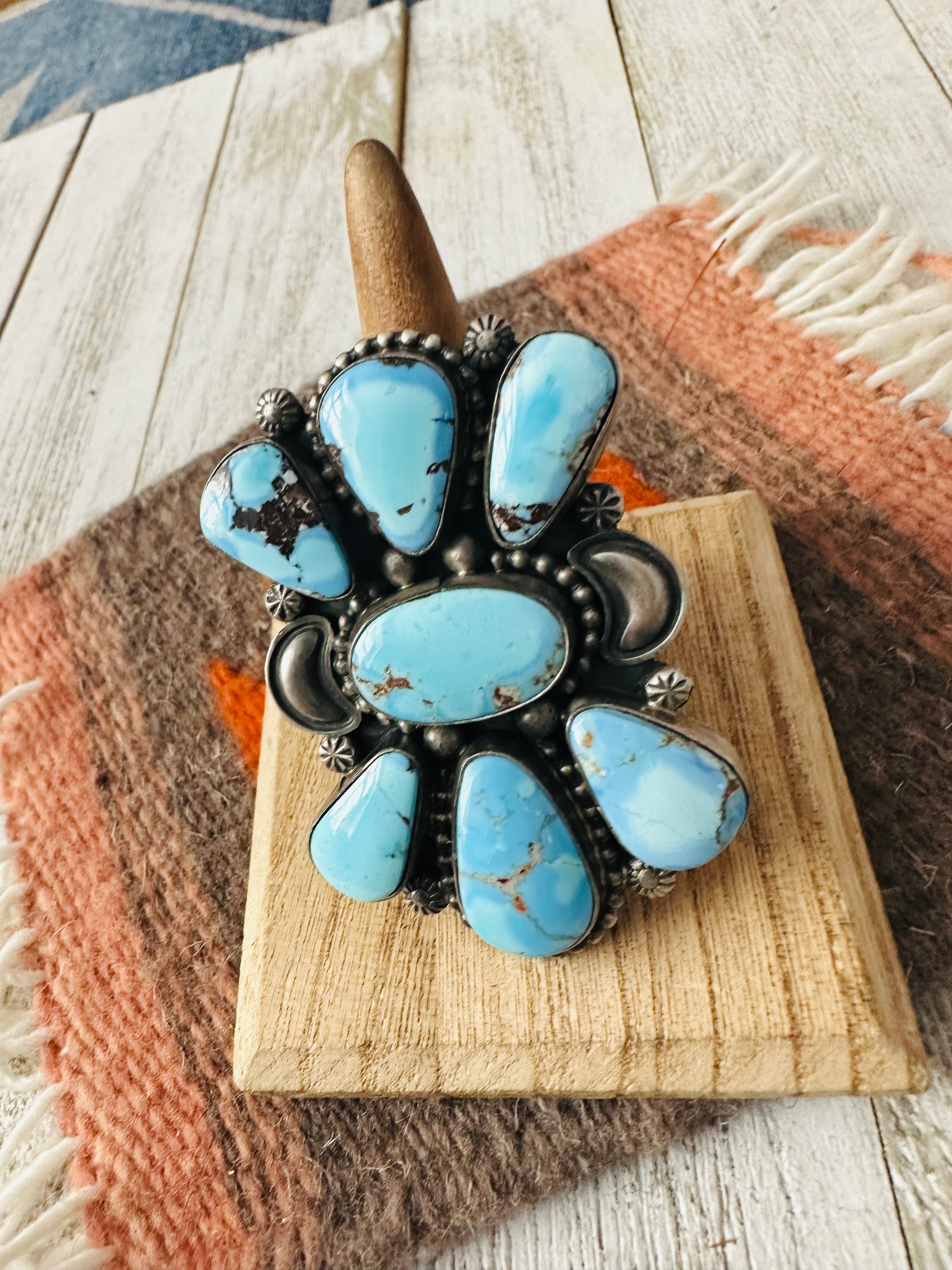 Navajo Golden Hills Turquoise & Sterling Silver Cluster Ring Size 10