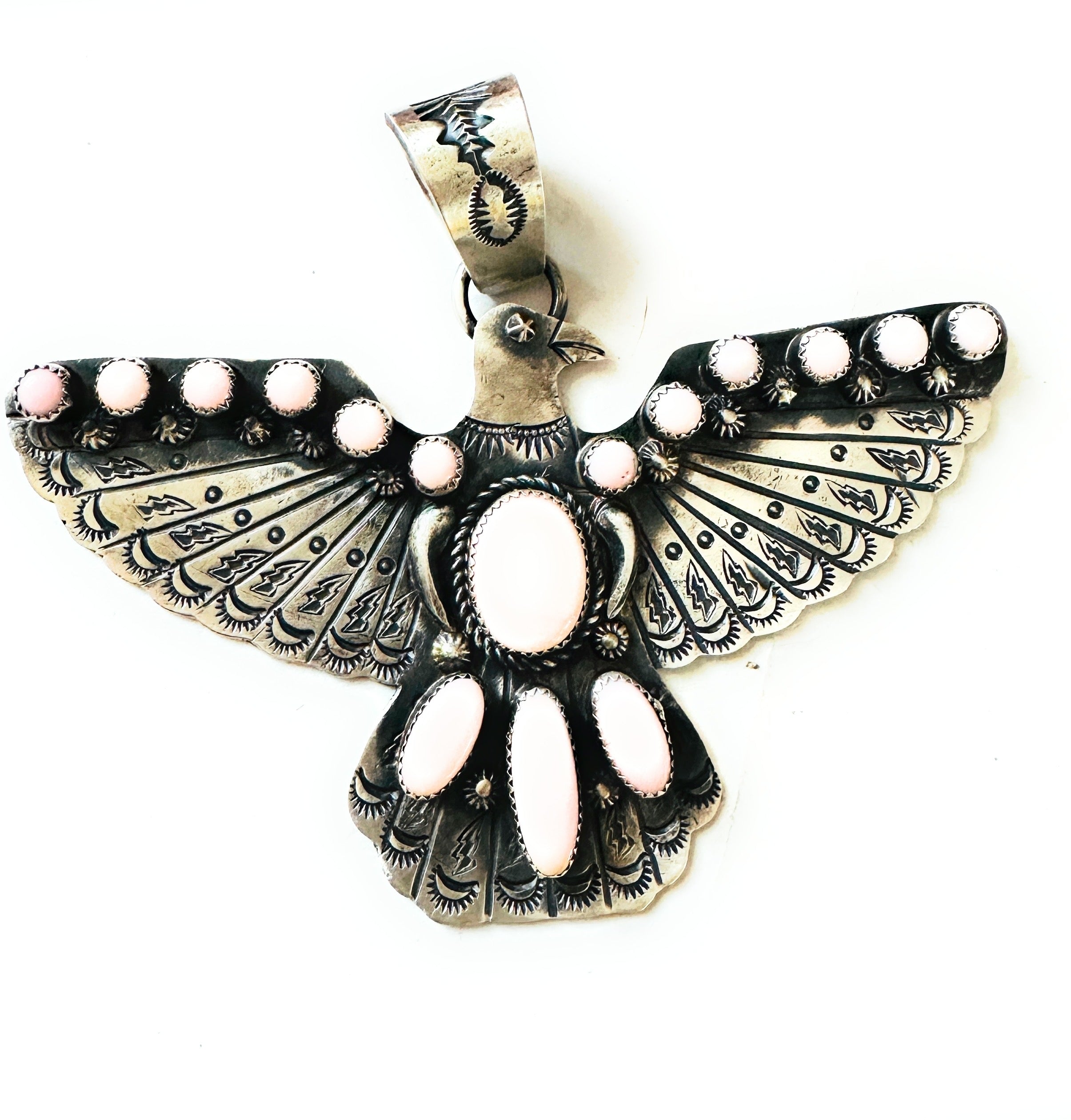 Navajo Queen Pink Conch & Sterling Silver Thunderbird Pendant by Richard Yazzie