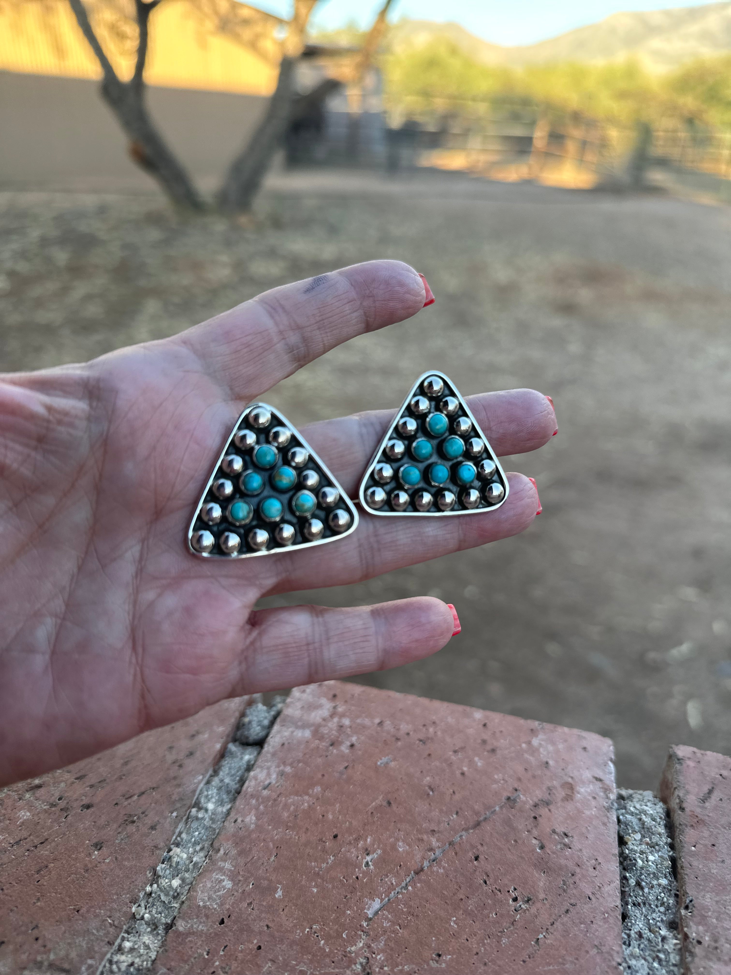 Handmade Sterling Silver & Turquoise Triangle Post Silver Ball Earrings