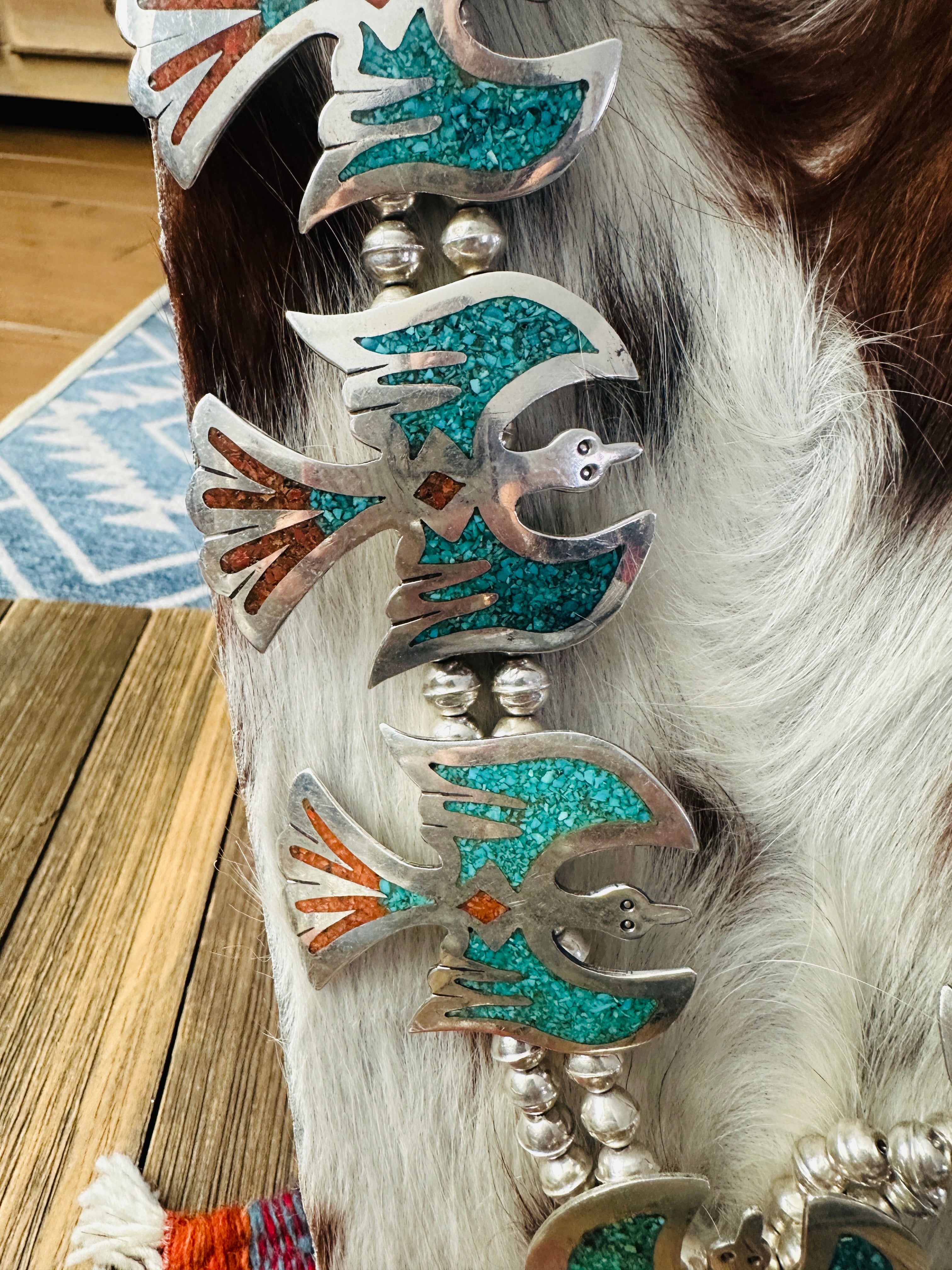 Old Pawn Handcrafted Turquoise, Coral & Sterling Silver Beaded Waterbird Necklace