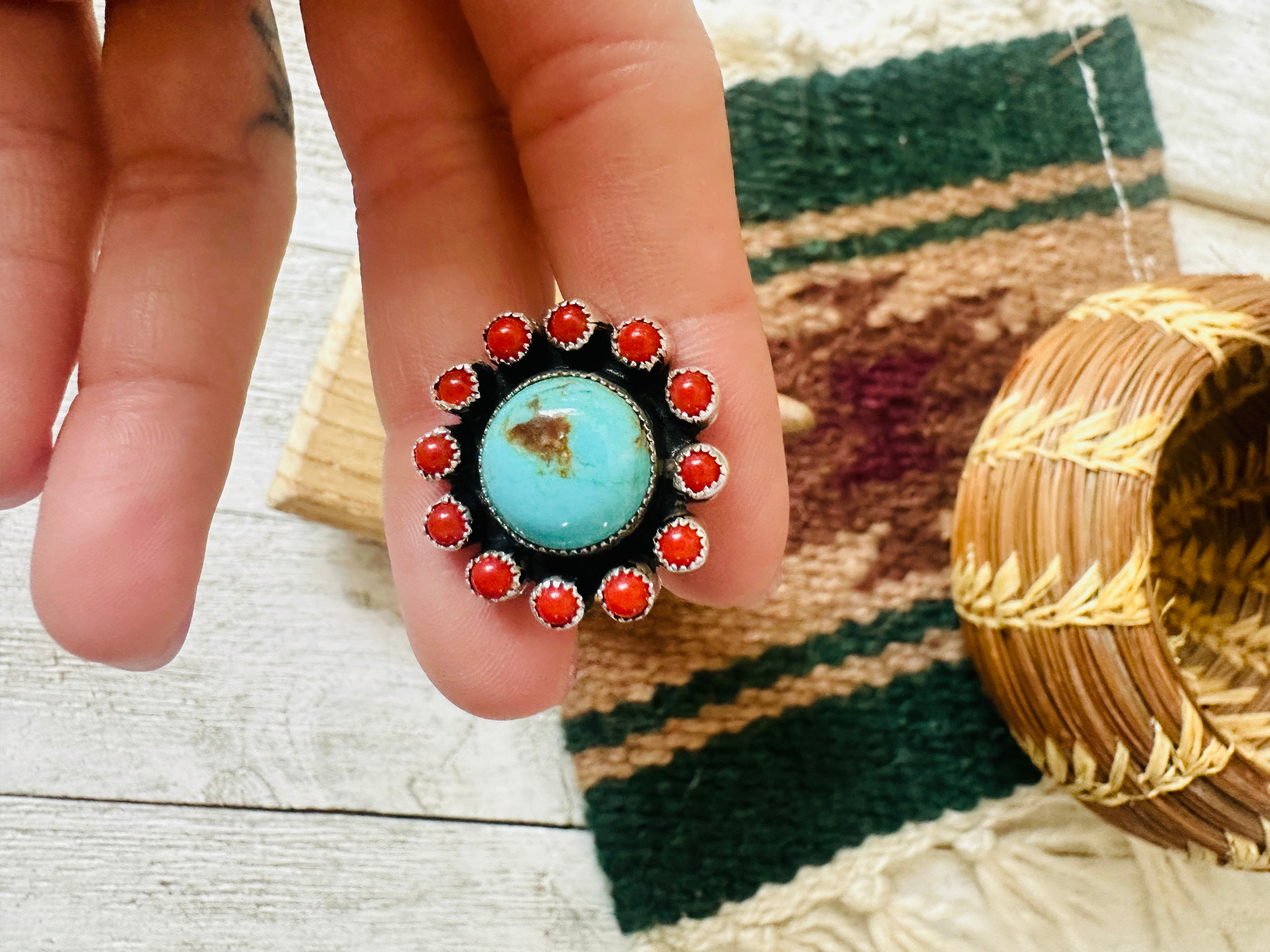 Navajo Sterling Silver, Turquoise & Coral Cluster Adjustable Ring