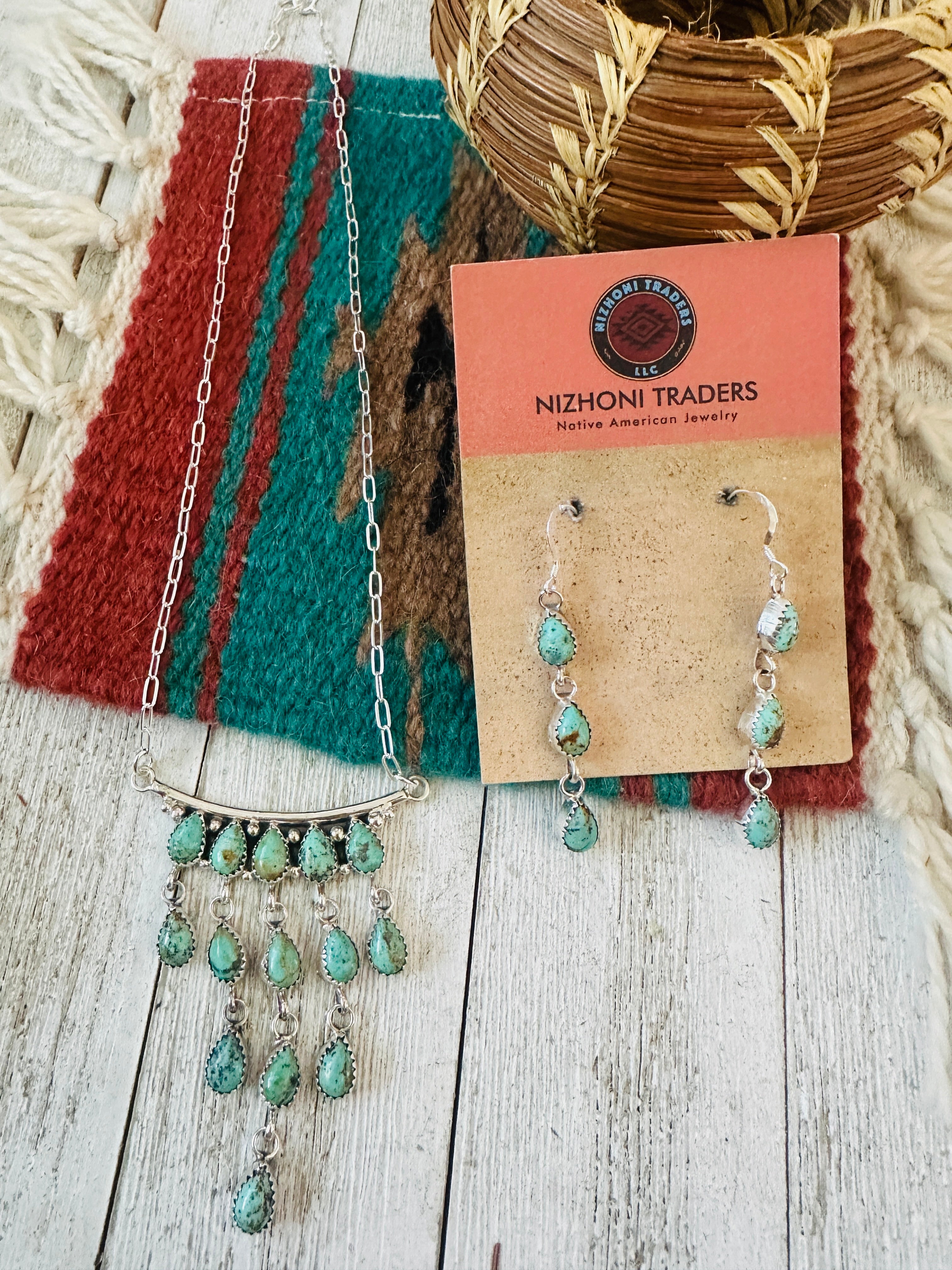Handcrafted Sterling Silver & Turquoise Chandelier Necklace and Earring Set
