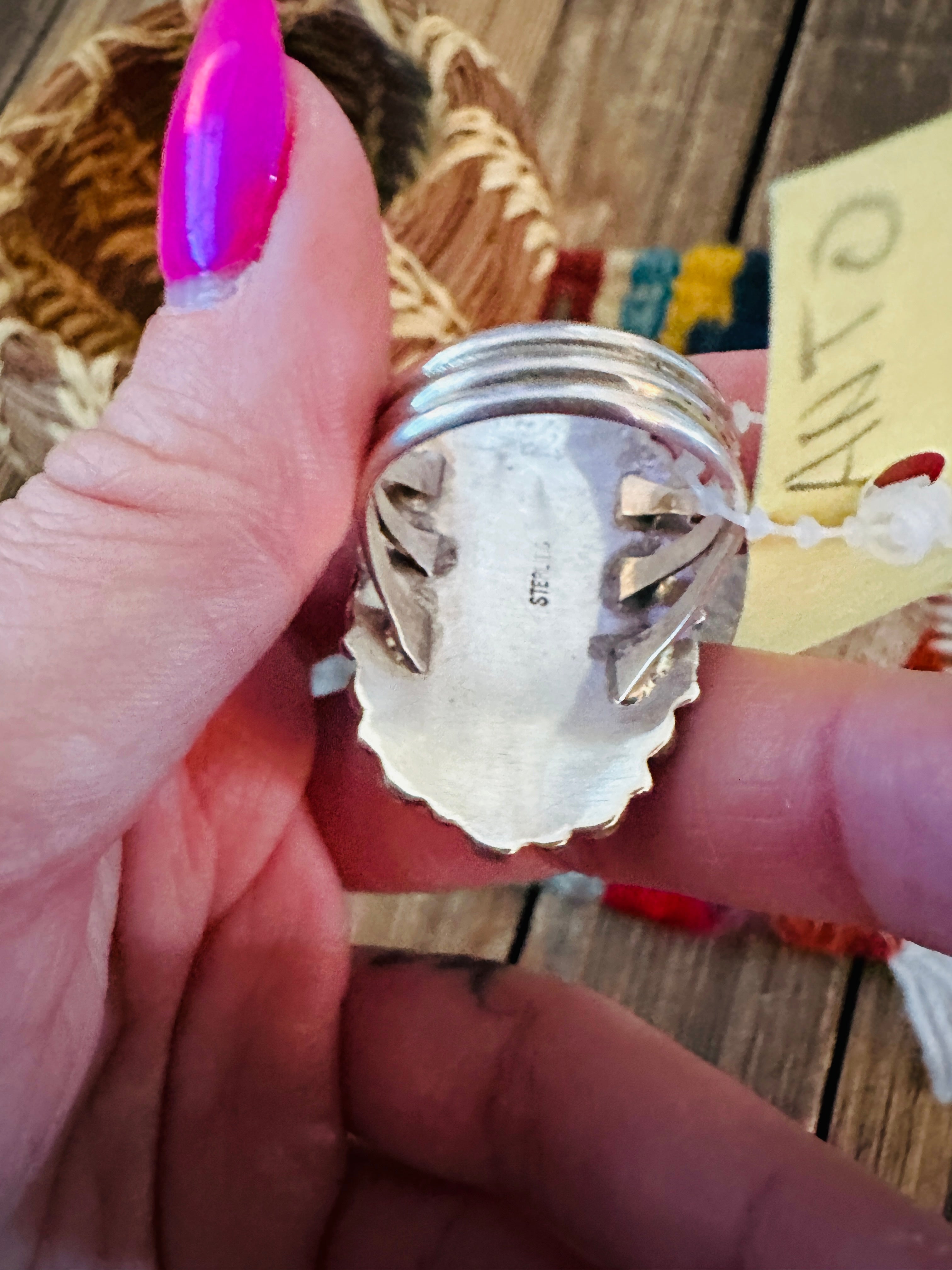 Old Pawn Handcrafted Turquoise & Sterling Silver Cluster Ring Size 8.5