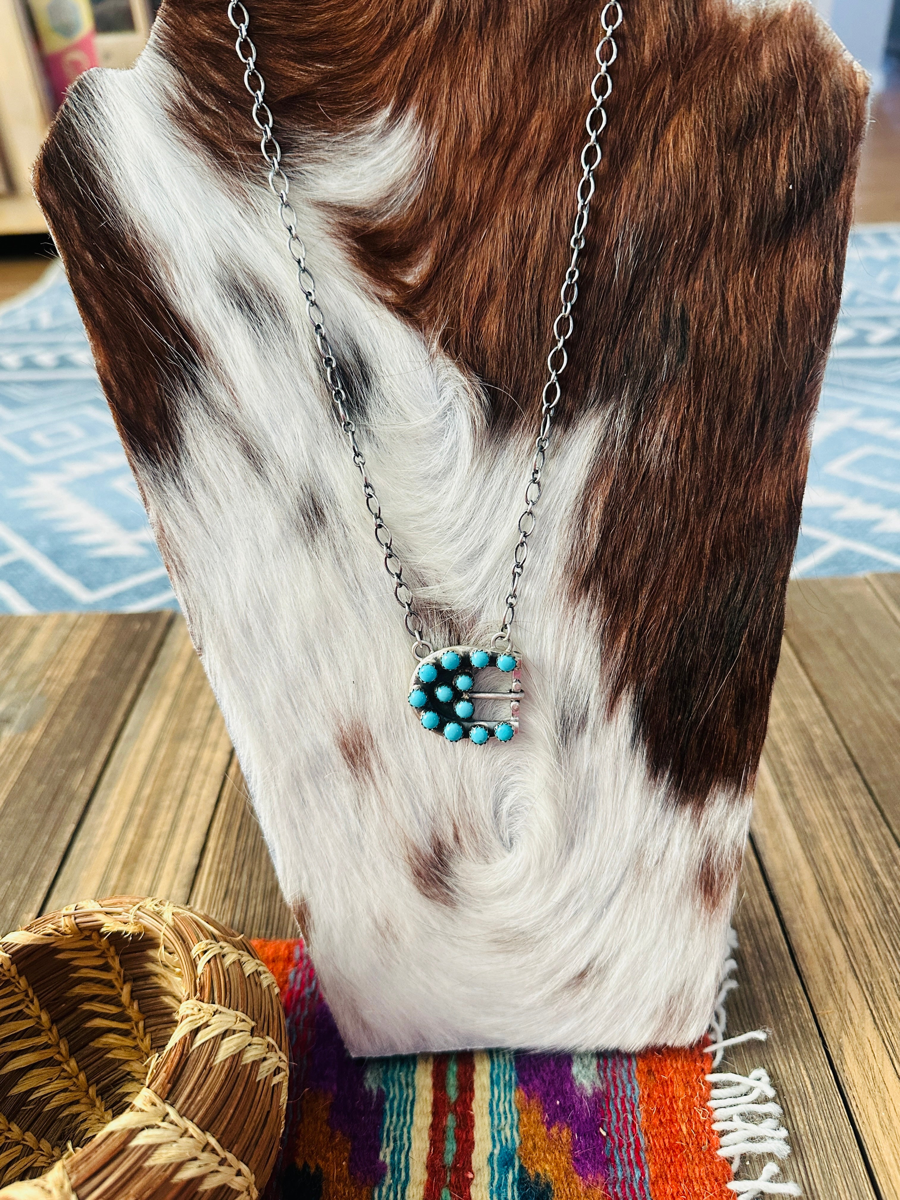 Handcrafted Turquoise & Sterling Silver Belt Buckle Necklace by Russell Sam