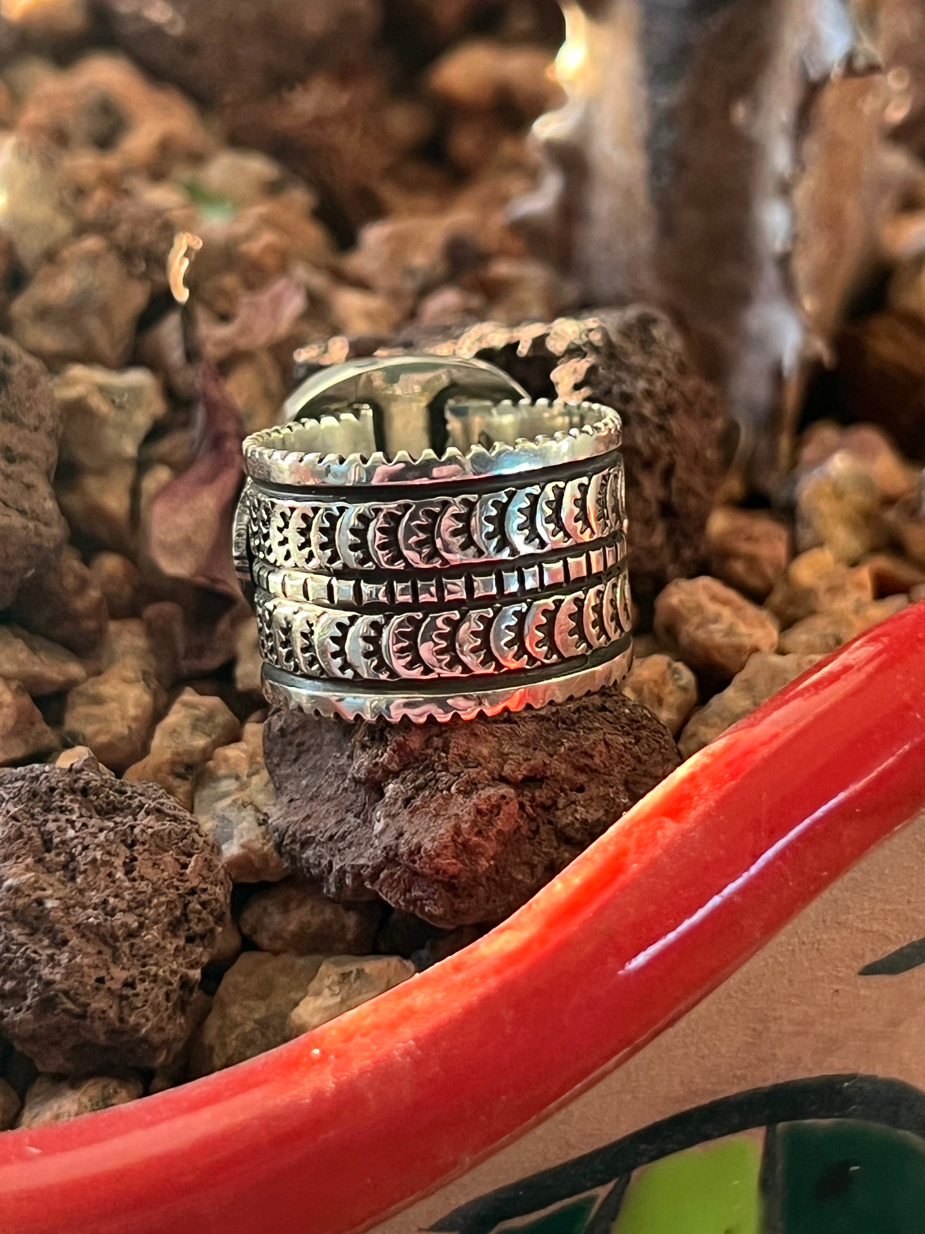 Handcrafted Sterling Silver Wide Shank Ring with Egyptian Turquoise by Shaun Rogers, Size 8.25