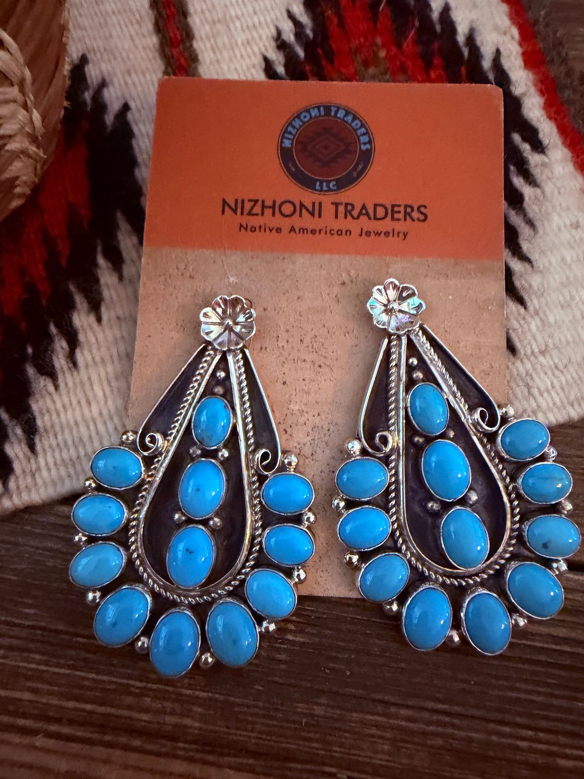Handcrafted Turquoise & Sterling Silver Cluster Dangle Earrings by Pearlene Spencer
