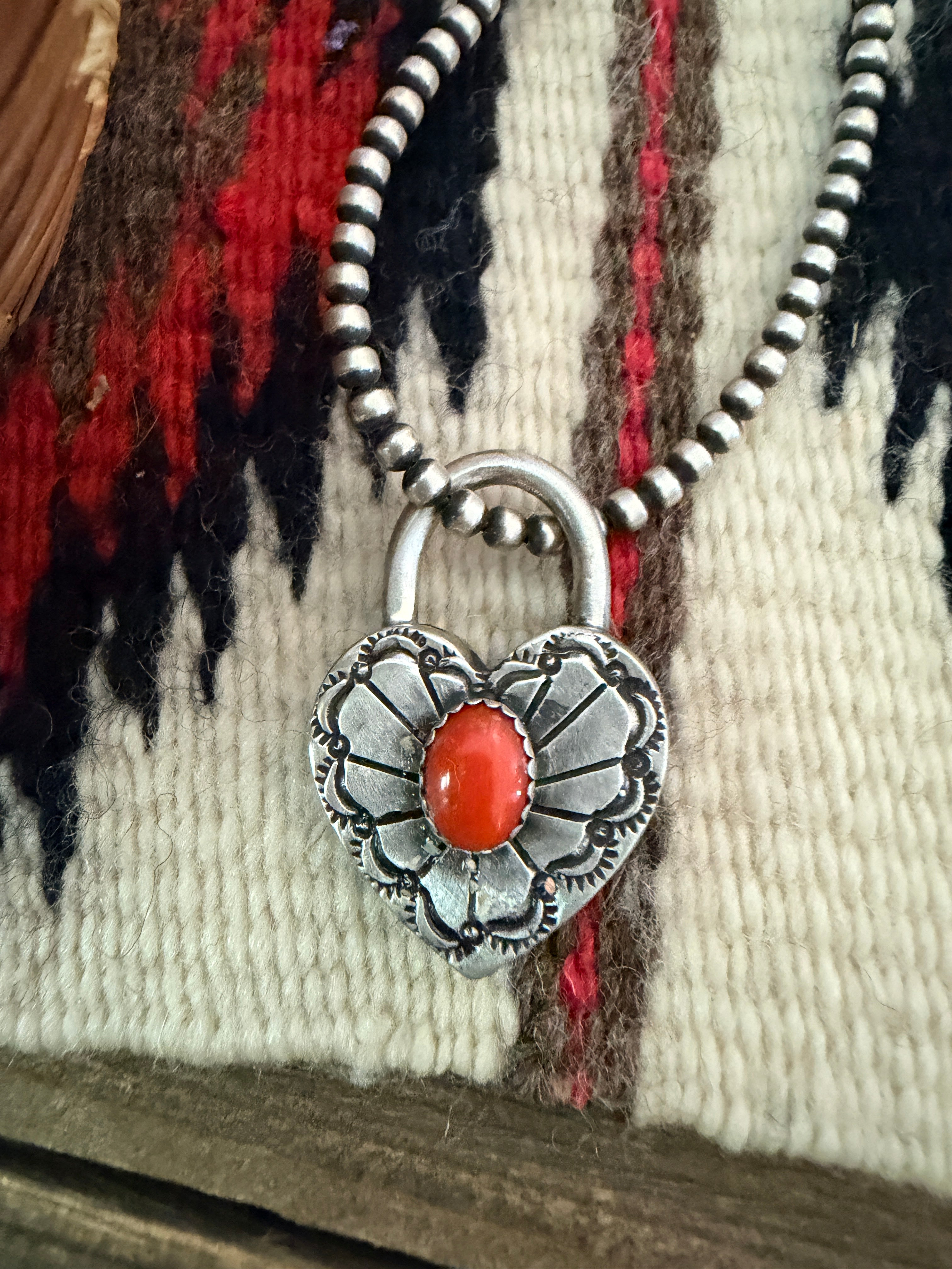 Handcrafted Sterling Silver & Coral Heart Locket Pendant