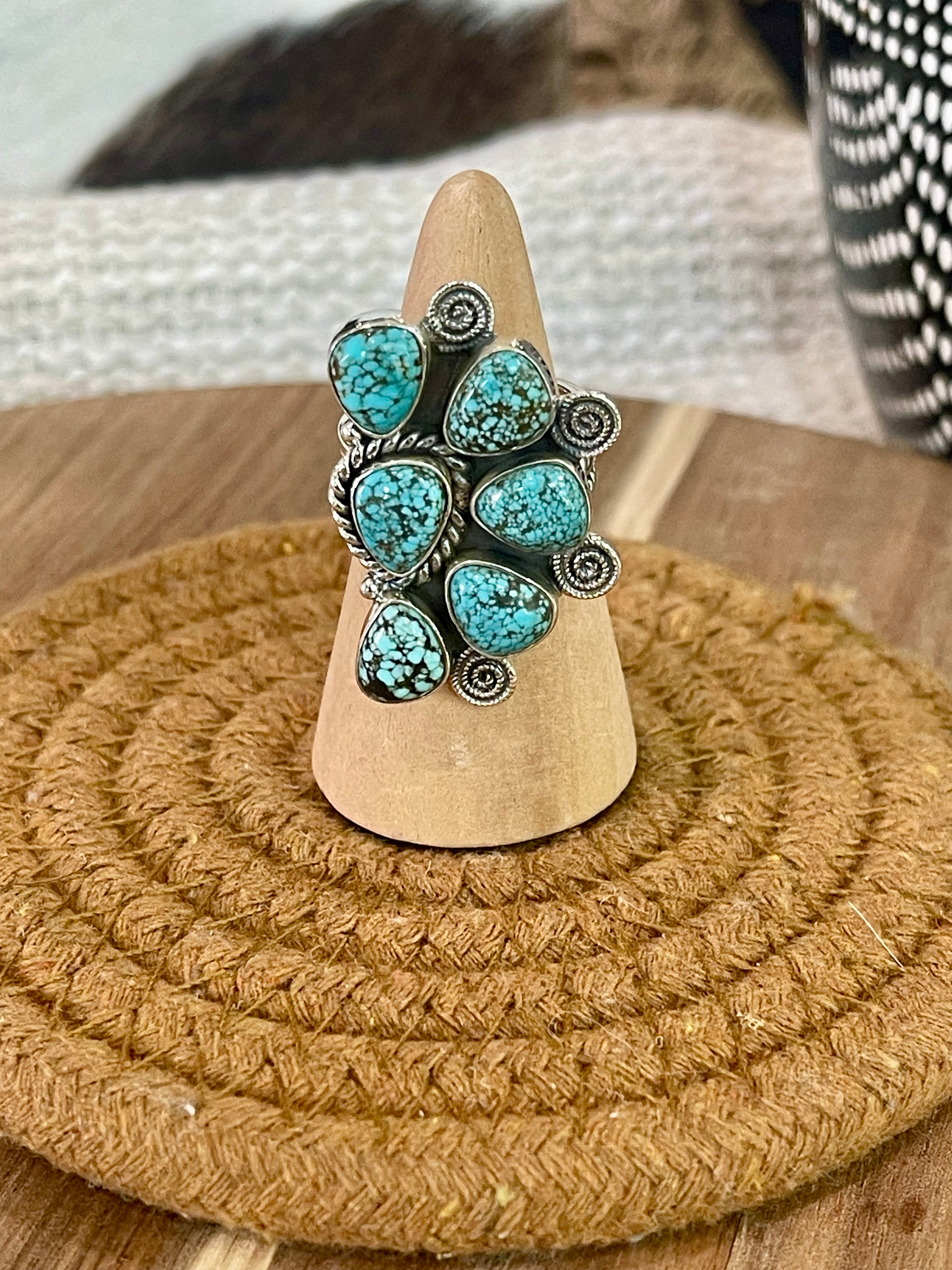 Beautiful Handmade Sterling Silver & Number 8 Turquoise Adjustable Cluster Ring