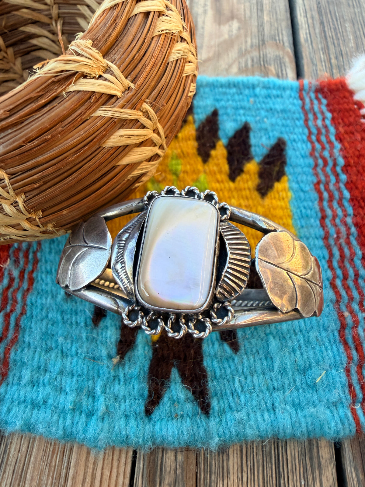 Handcrafted Old Pawn Sterling Silver & Mother of Pearl Cuff Bracelet