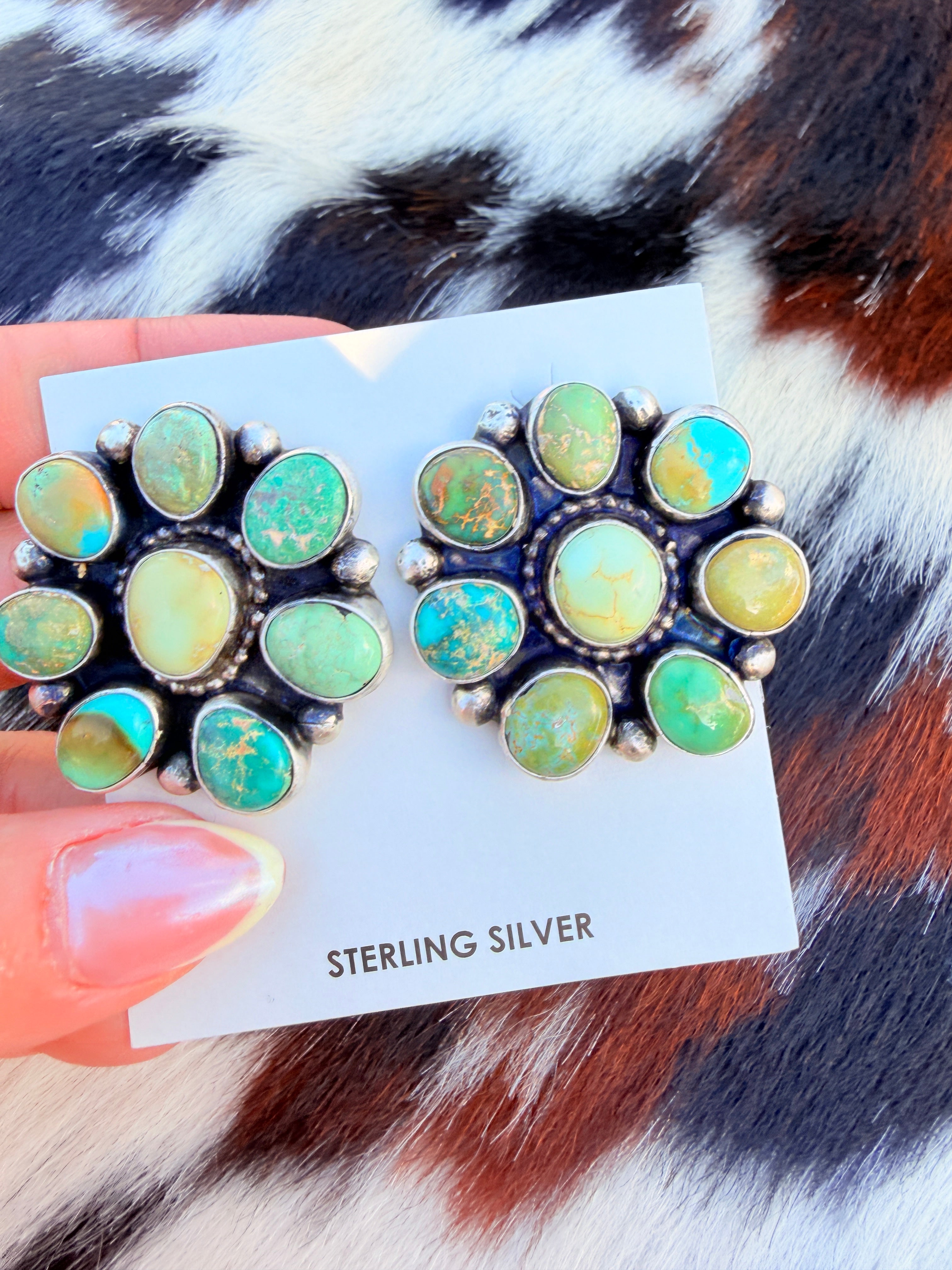 Handcrafted Royston Turquoise & Sterling Silver Cluster Post Earrings by Travis Jim