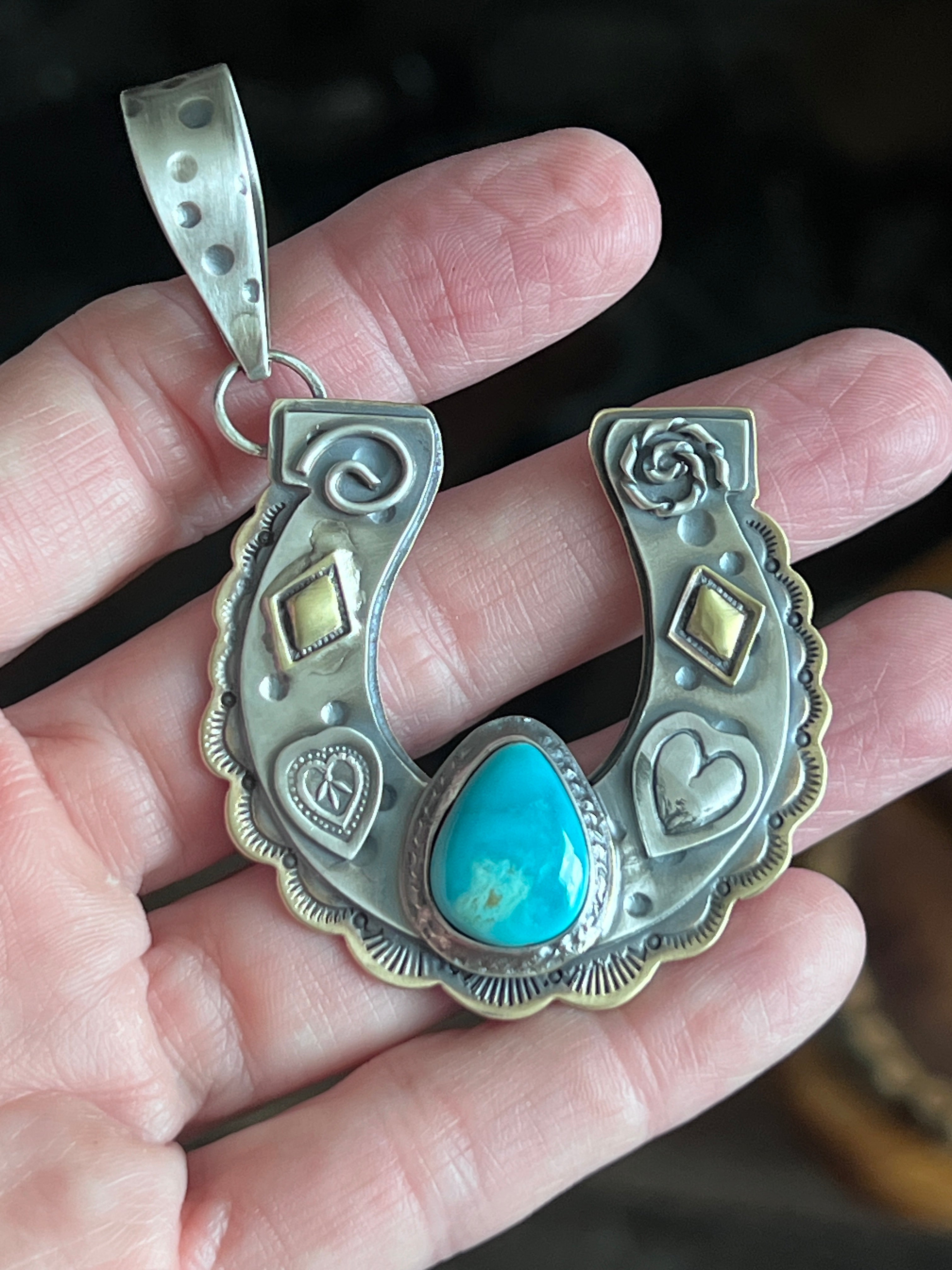 Kimari Somers Hand Stamped Sterling Silver Heart Motif Horseshoe Pendant with Brass & Royston Turquoise