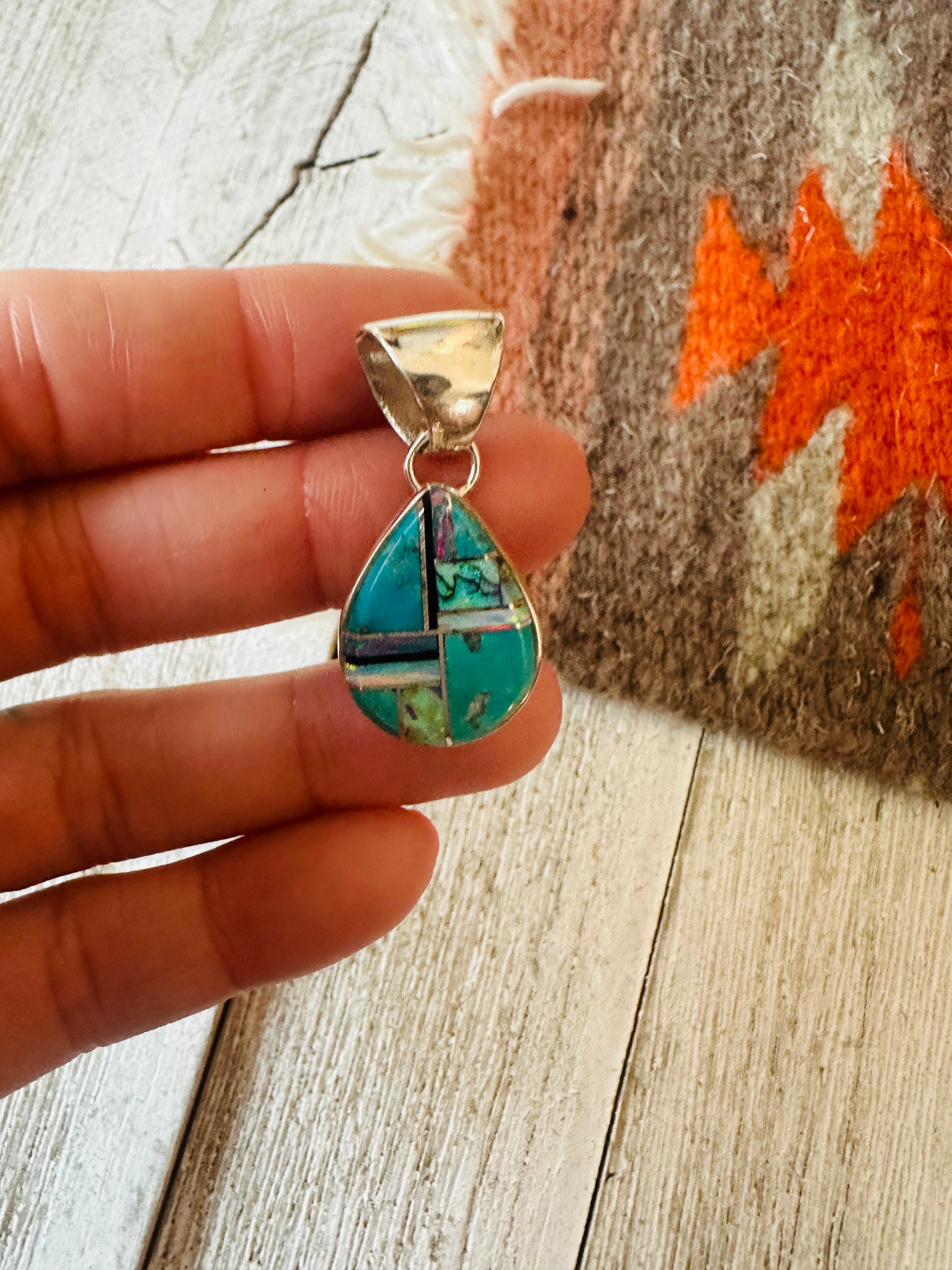 Navajo Multi Stone & Sterling Silver Inlay Teardrop Pendant